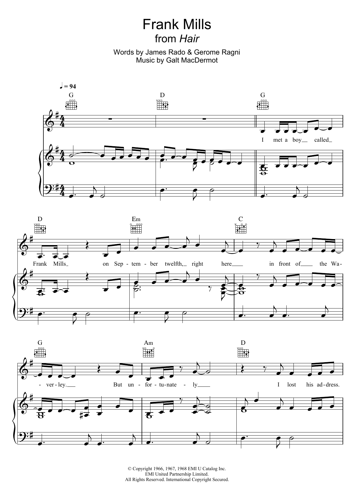Frank Mills (from Hair) (Piano, Vocal & Guitar Chords (Right-Hand Melody)) von Galt MacDermot