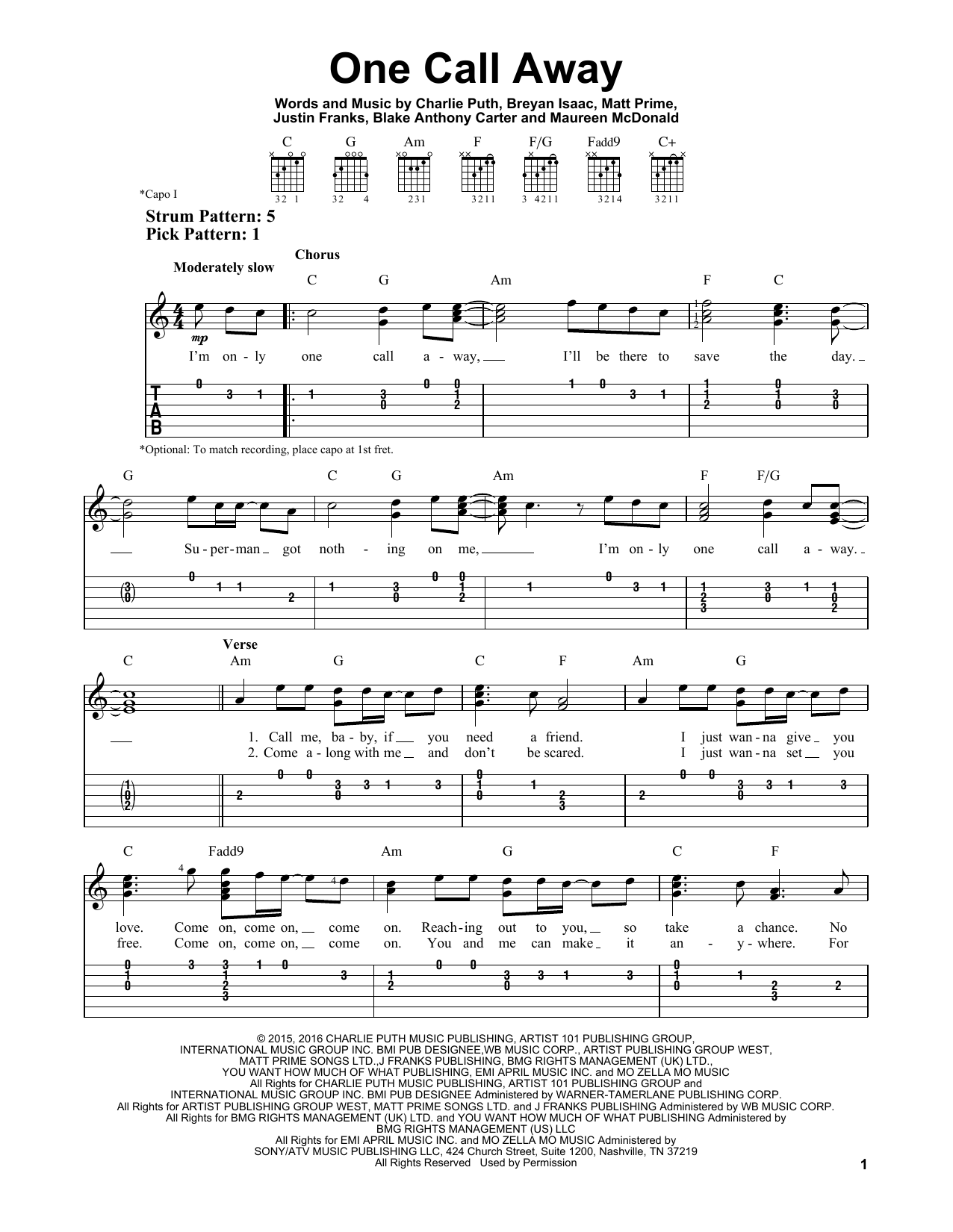 One Call Away (Easy Guitar Tab) von Charlie Puth