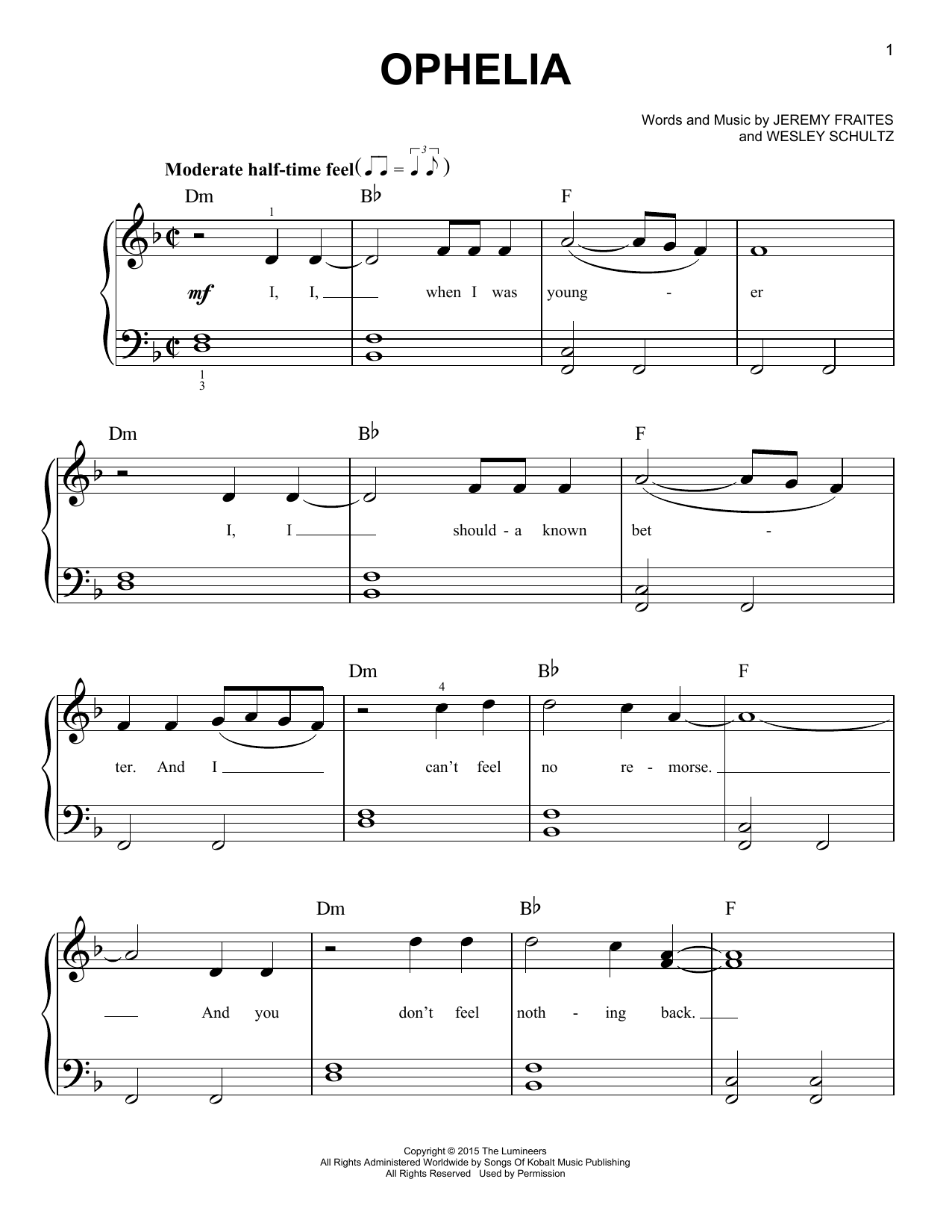 Ophelia (Easy Piano) von The Lumineers