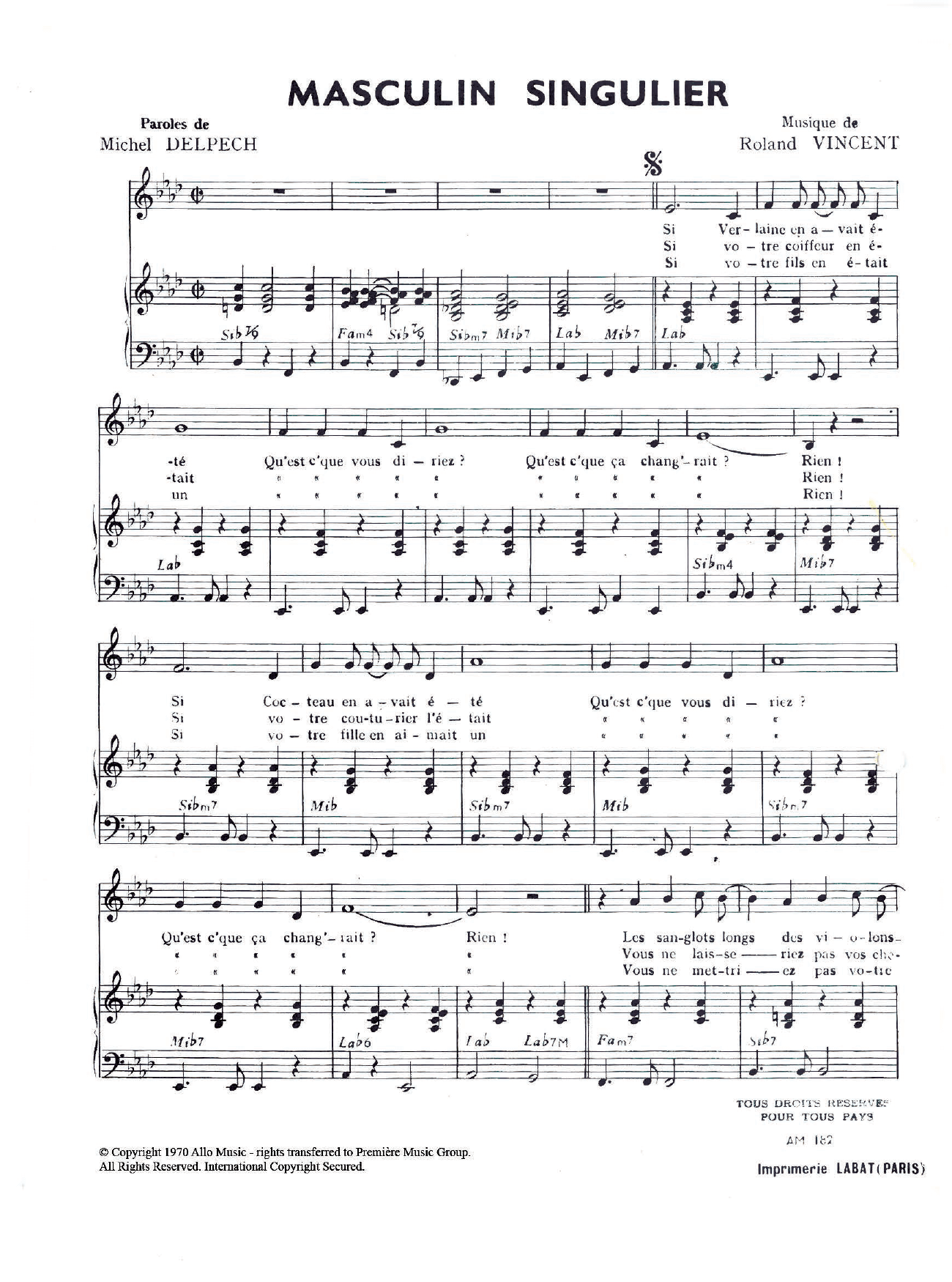 Masculin Singulier (Piano & Vocal) von Michel Delpech