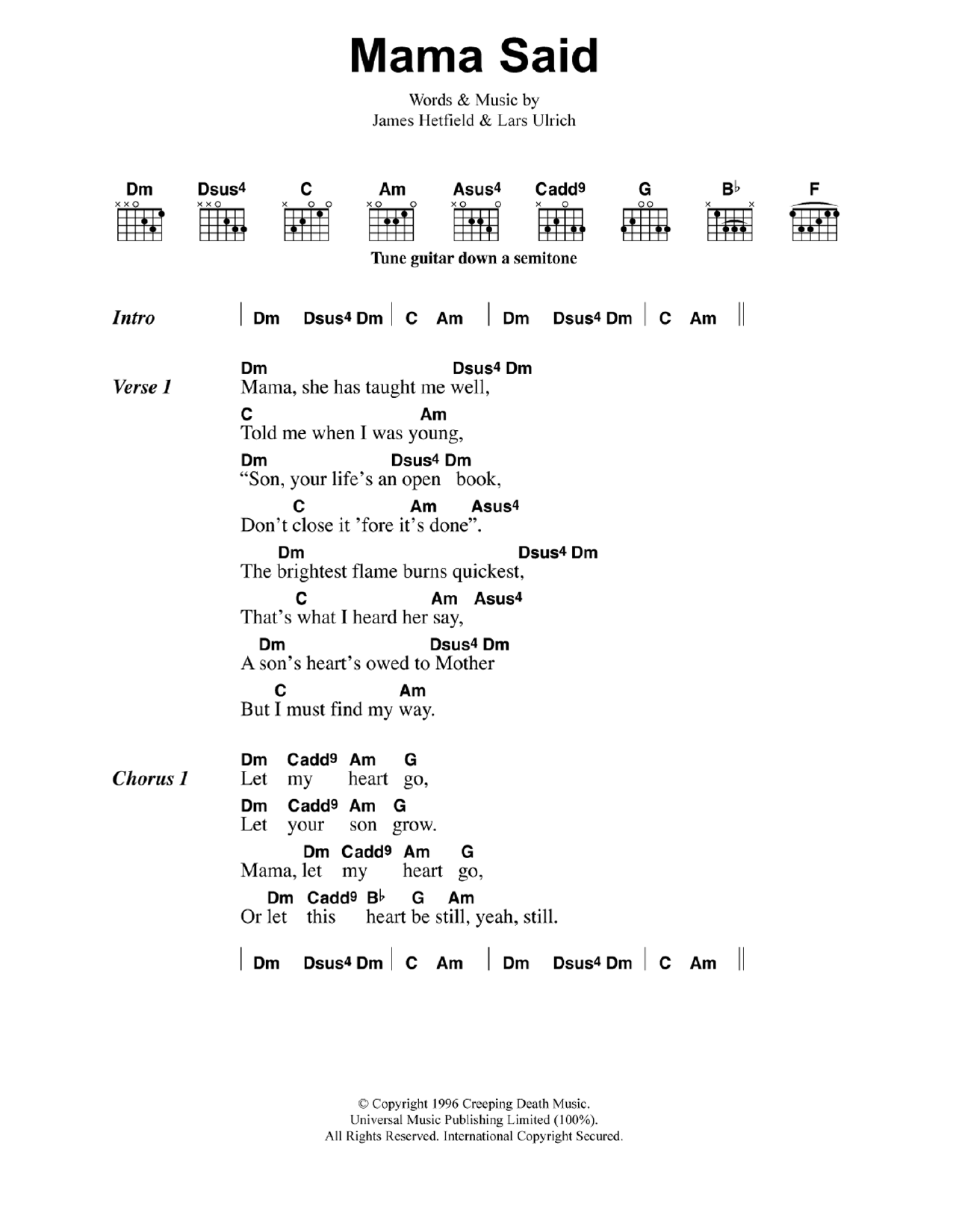 Mama Said (Guitar Chords/Lyrics) von Metallica