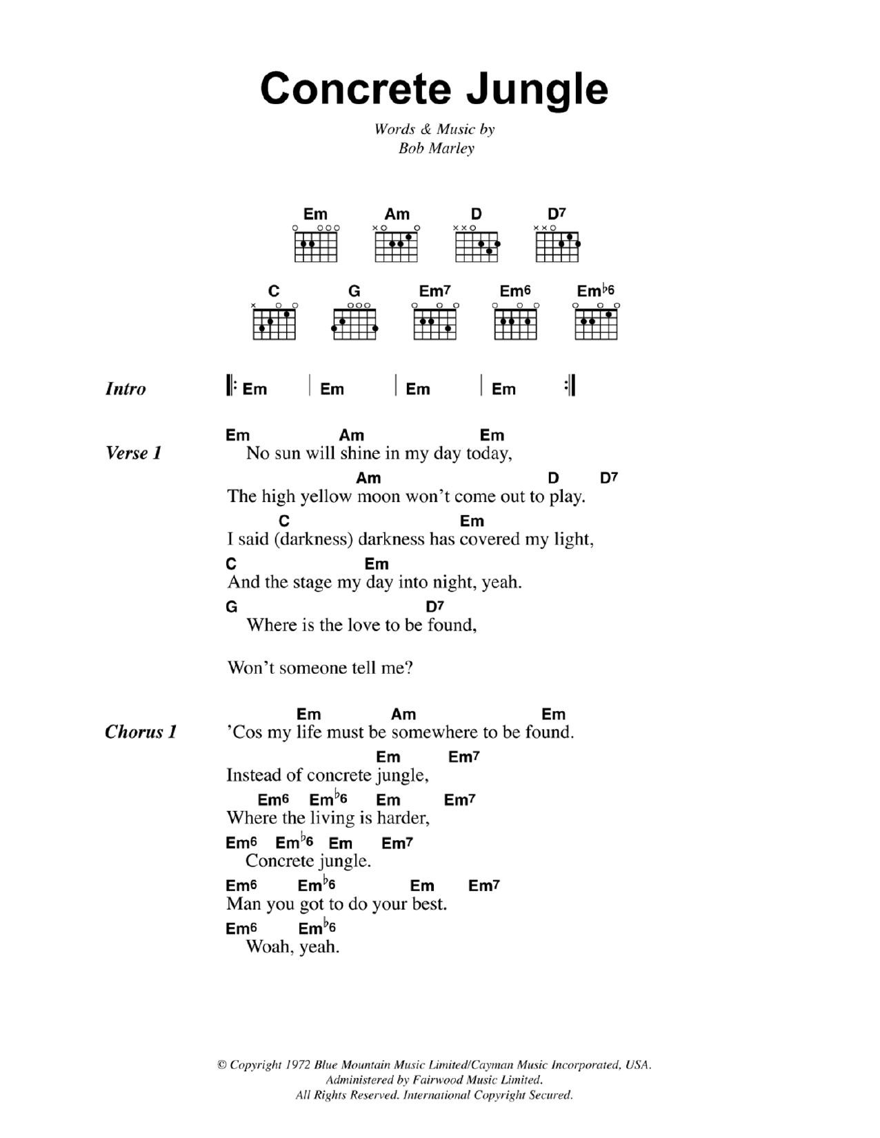 Concrete Jungle (Guitar Chords/Lyrics) von Bob Marley