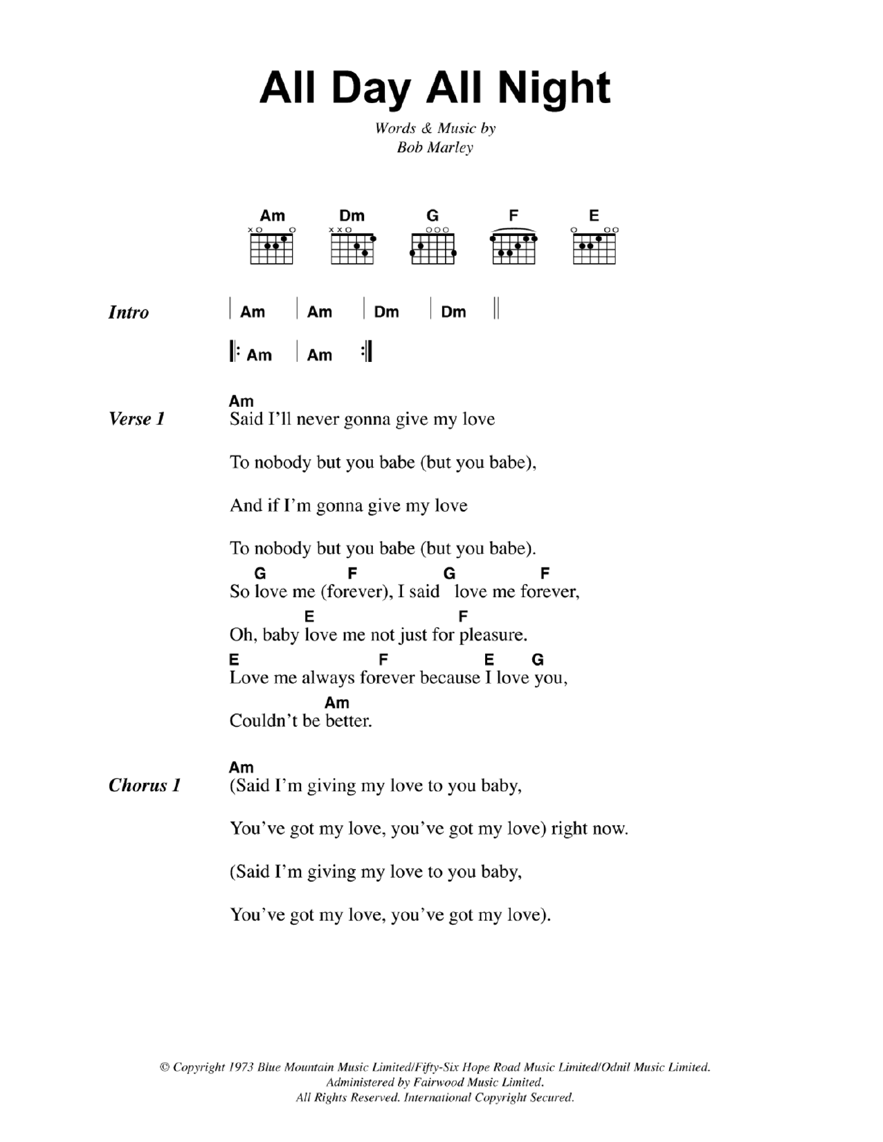 All Day All Night (Guitar Chords/Lyrics) von Bob Marley