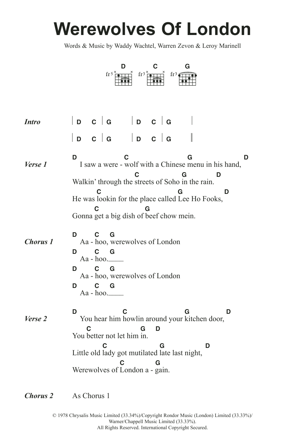 Werewolves Of London (Guitar Chords/Lyrics) von Warren Zevon