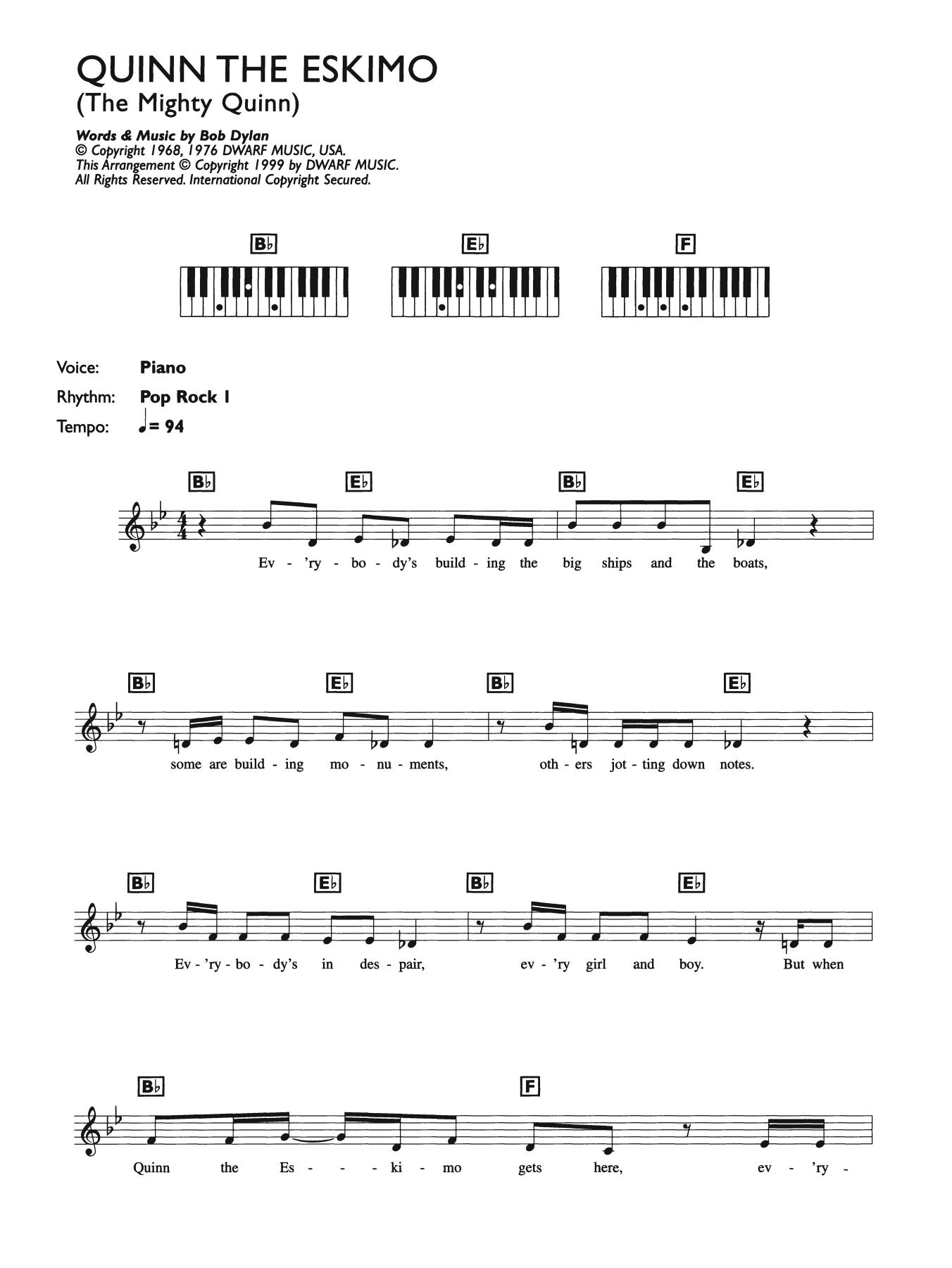 Quinn The Eskimo (The Mighty Quinn) (Piano Chords/Lyrics) von Bob Dylan