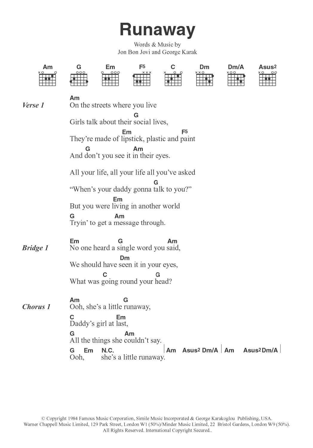 Runaway (Guitar Chords/Lyrics) von Bon Jovi