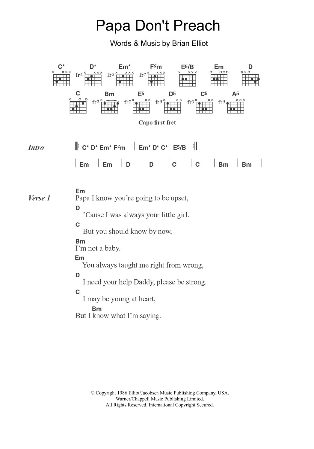 Papa Don't Preach (Guitar Chords/Lyrics) von Madonna