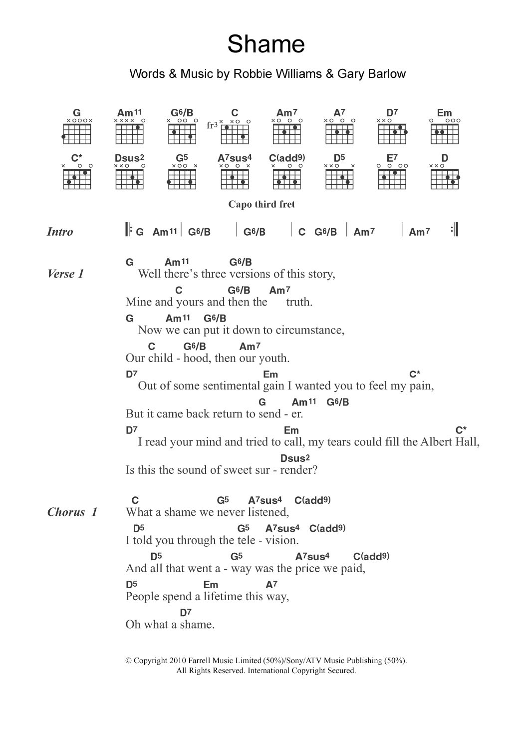 Shame (Guitar Chords/Lyrics) von Gary Barlow