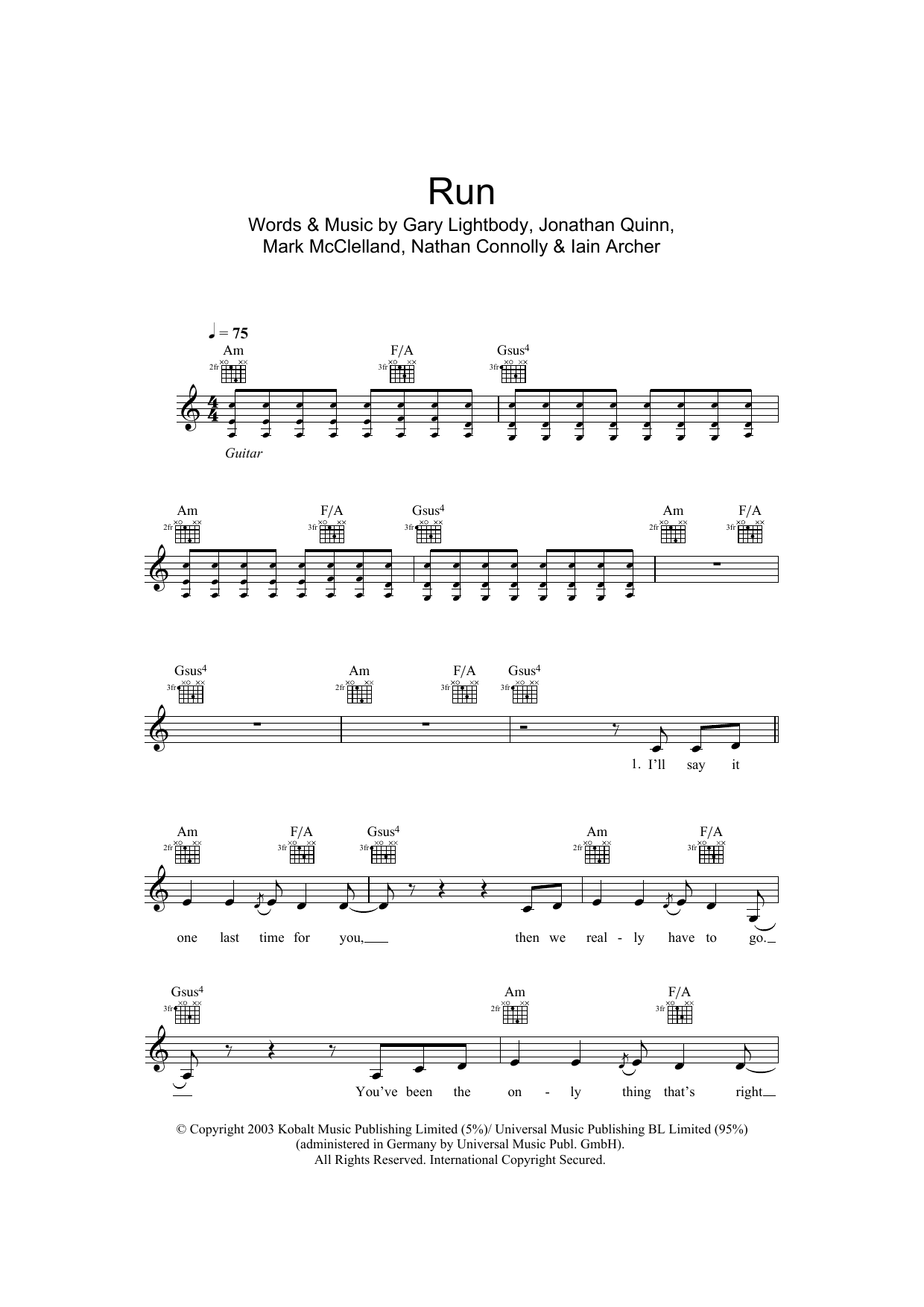 Run (Lead Sheet / Fake Book) von Snow Patrol