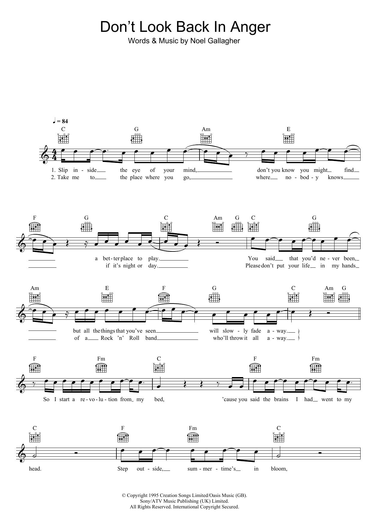 Don't Look Back In Anger (Lead Sheet / Fake Book) von Oasis