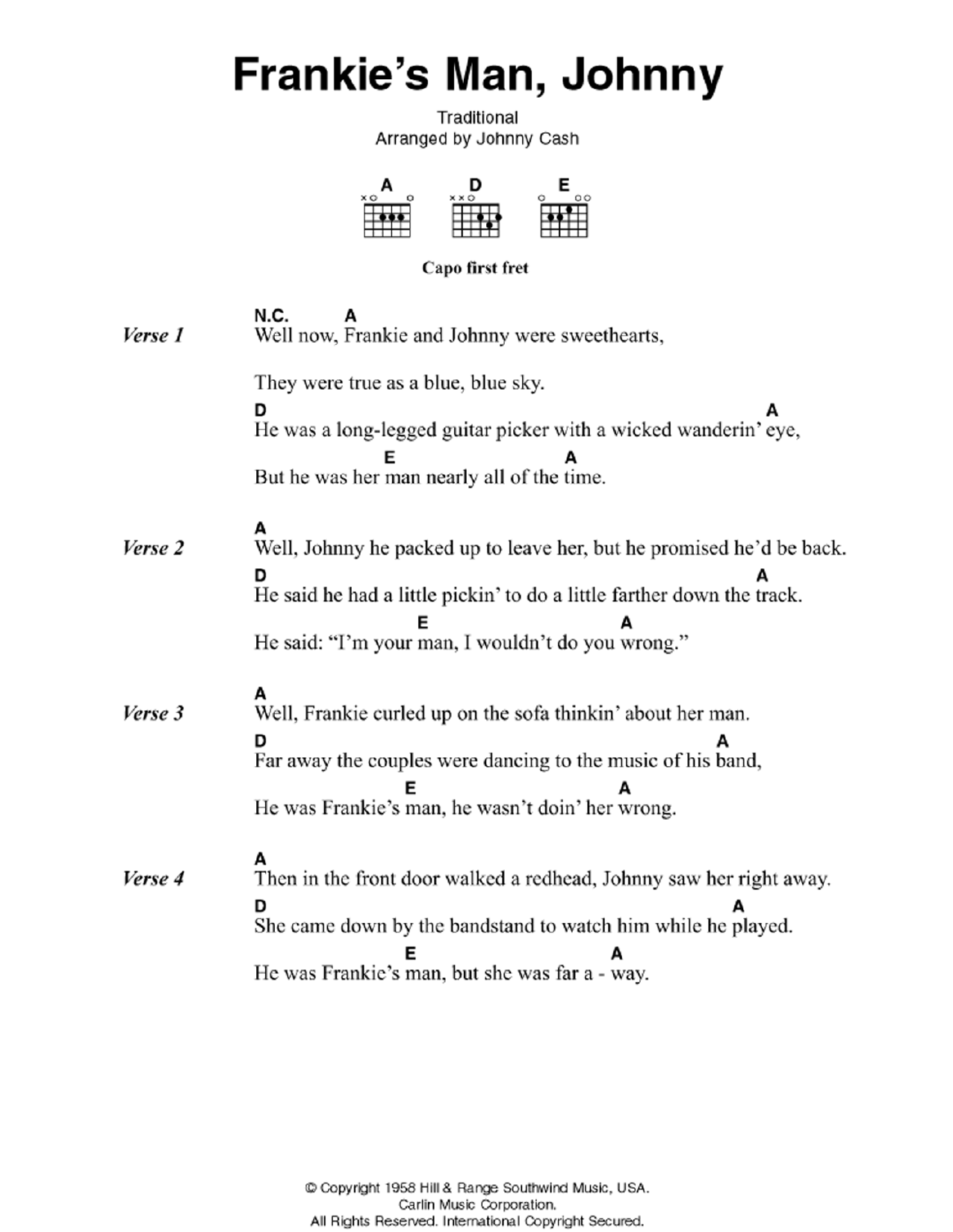 Frankie's Man, Johnny (Guitar Chords/Lyrics) von Johnny Cash