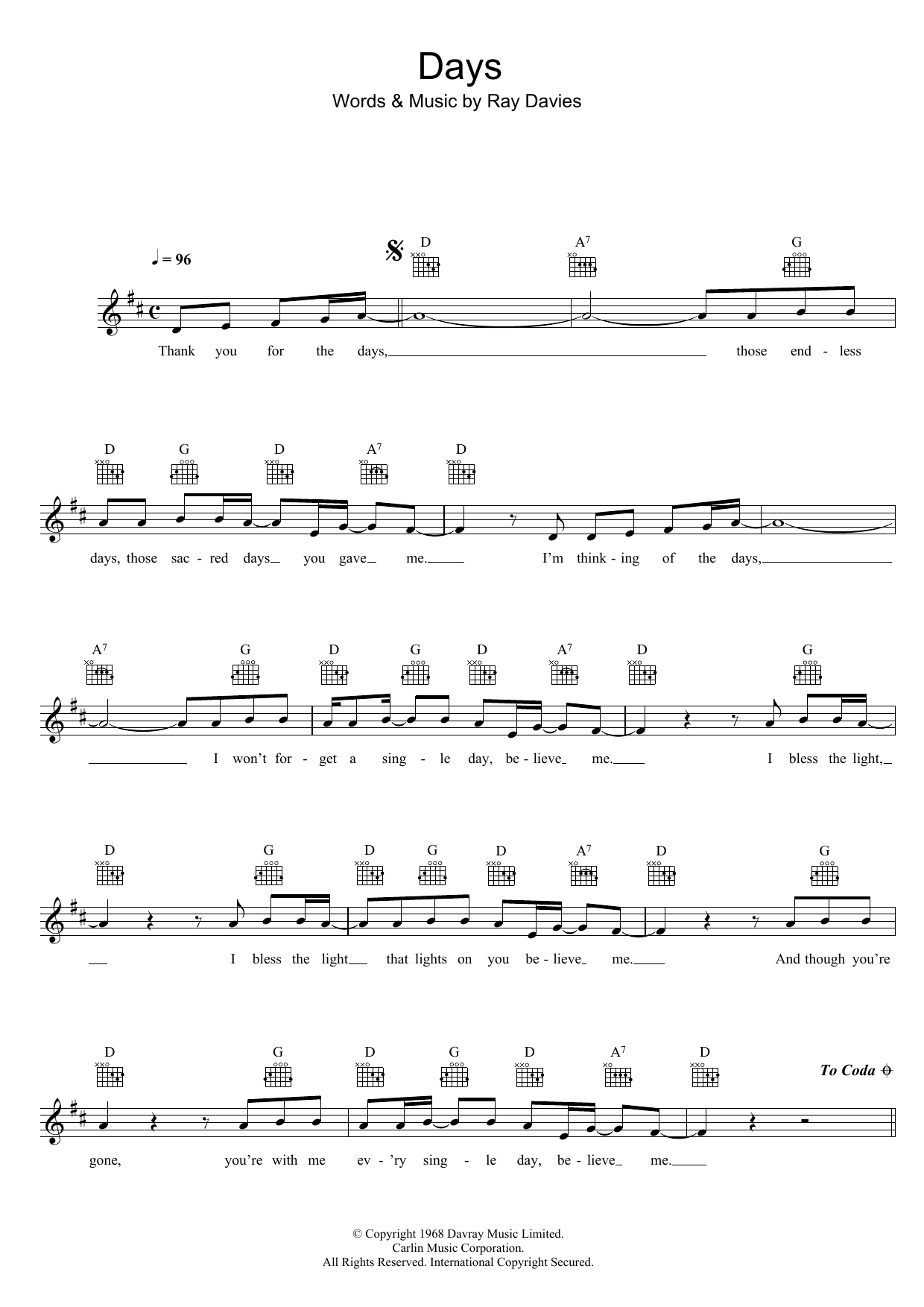 Days (Lead Sheet / Fake Book) von The Kinks