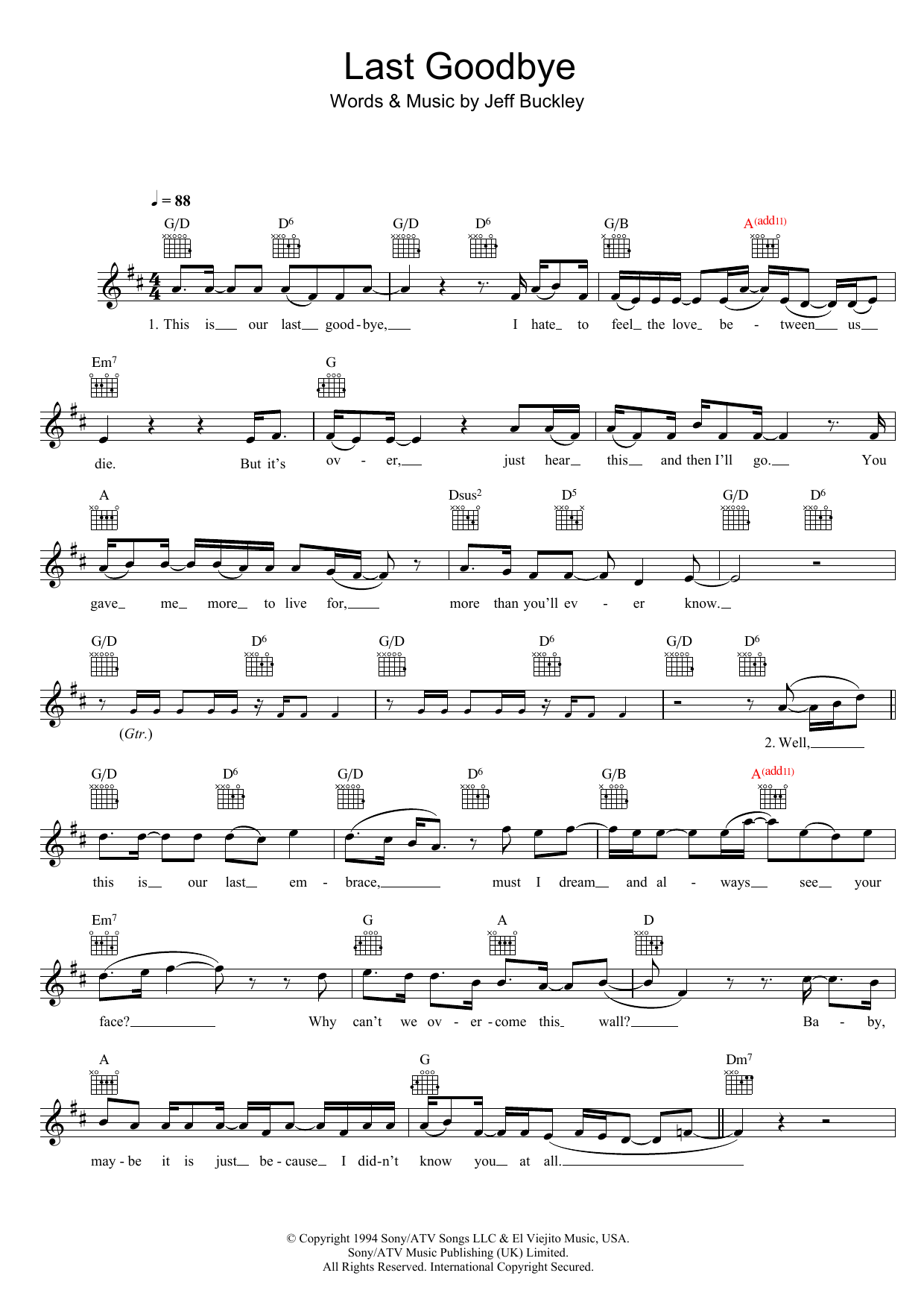 Last Goodbye (Lead Sheet / Fake Book) von Jeff Buckley