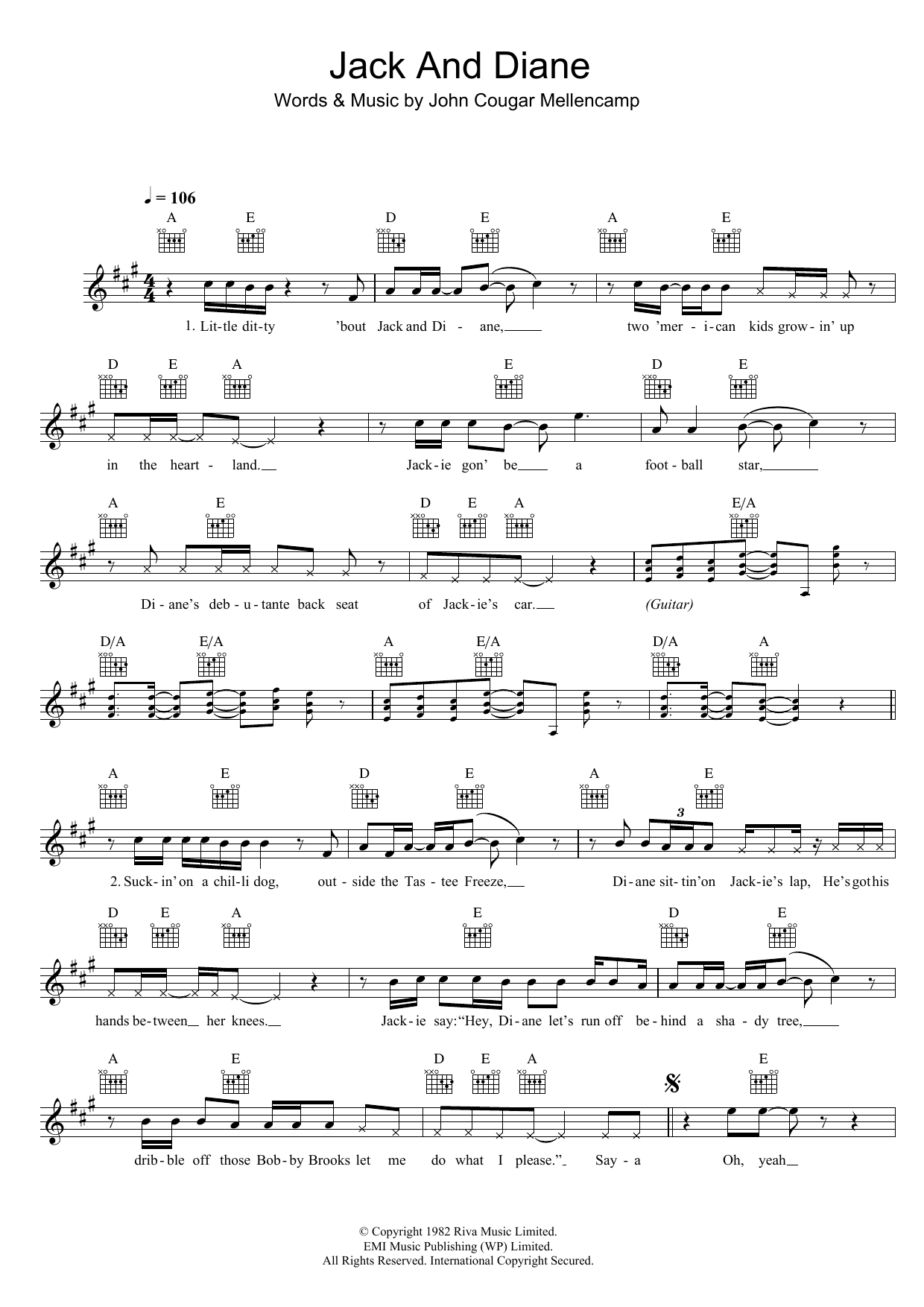 Jack And Diane (Lead Sheet / Fake Book) von John Mellencamp