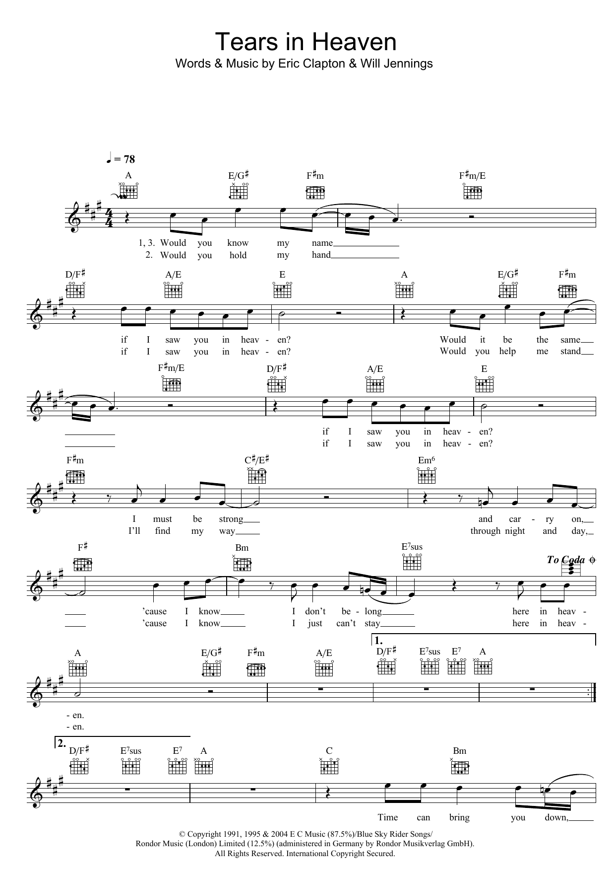 Tears In Heaven (Lead Sheet / Fake Book) von Eric Clapton