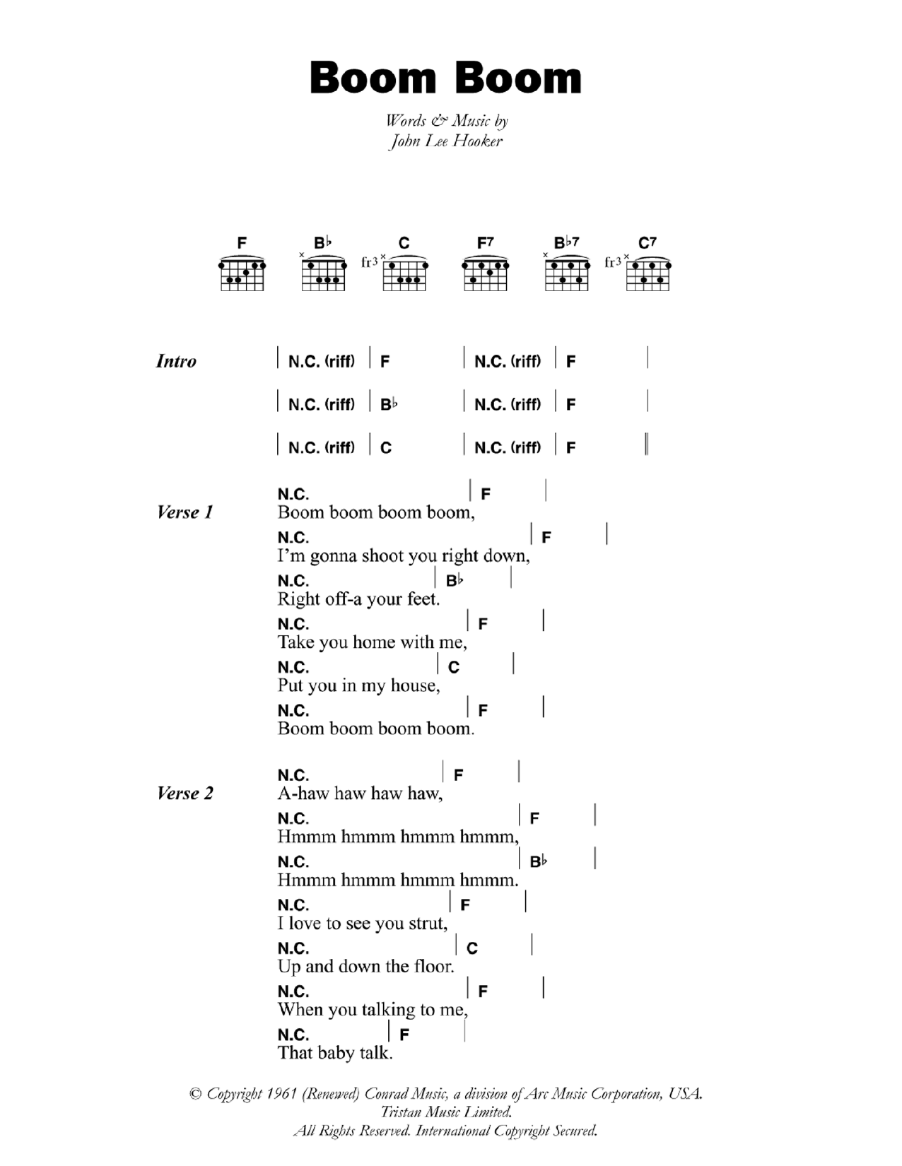 Boom Boom (Guitar Chords/Lyrics) von John Lee Hooker