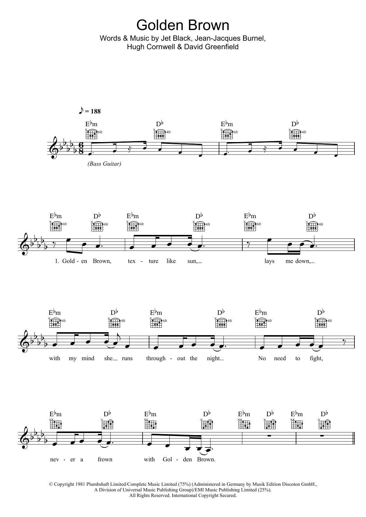 Golden Brown (Lead Sheet / Fake Book) von The Stranglers