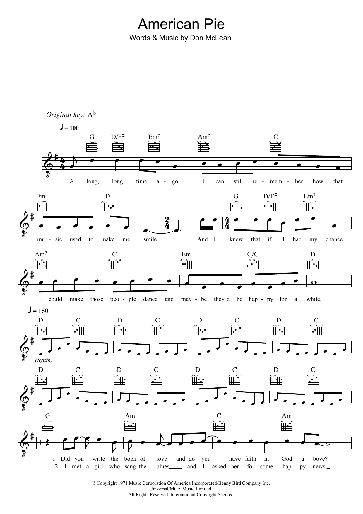 American Pie (Lead Sheet / Fake Book) von Don McLean