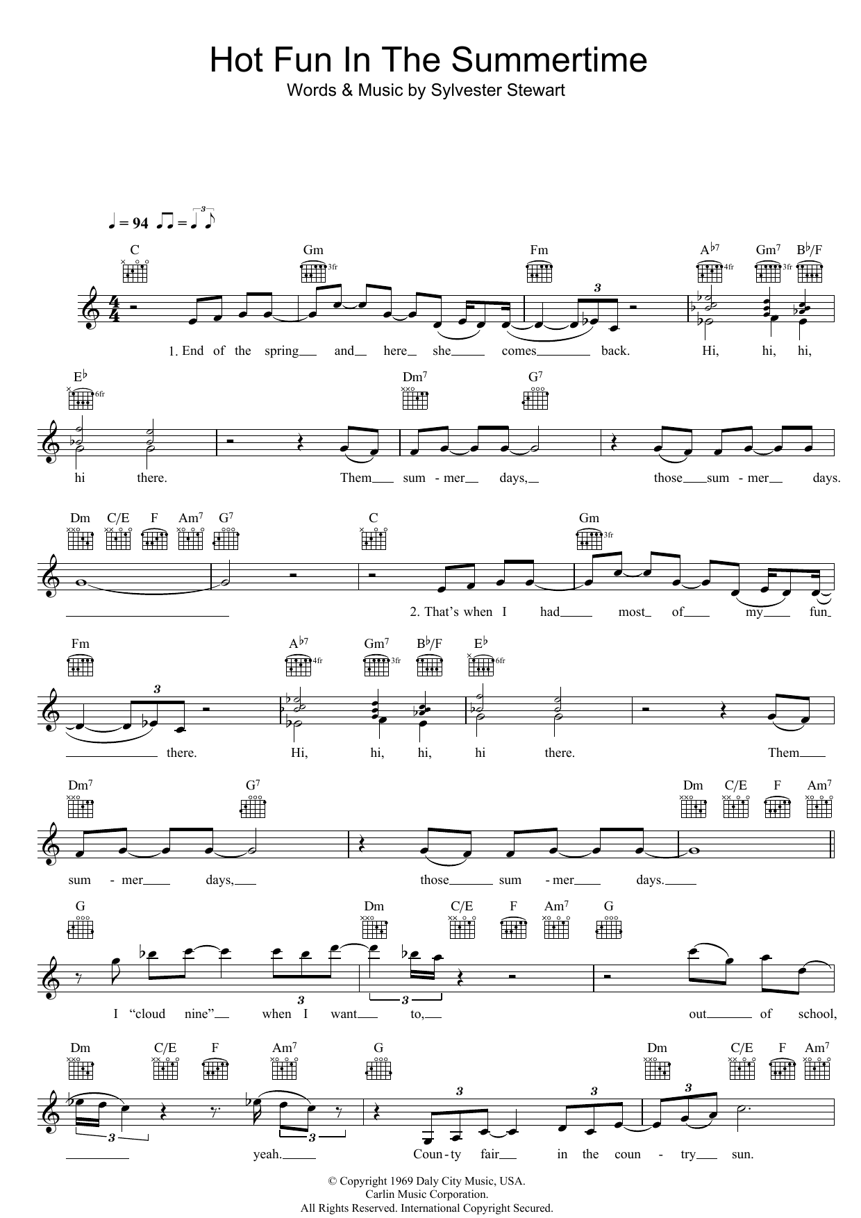 Hot Fun In The Summertime (Lead Sheet / Fake Book) von Sly & The Family Stone