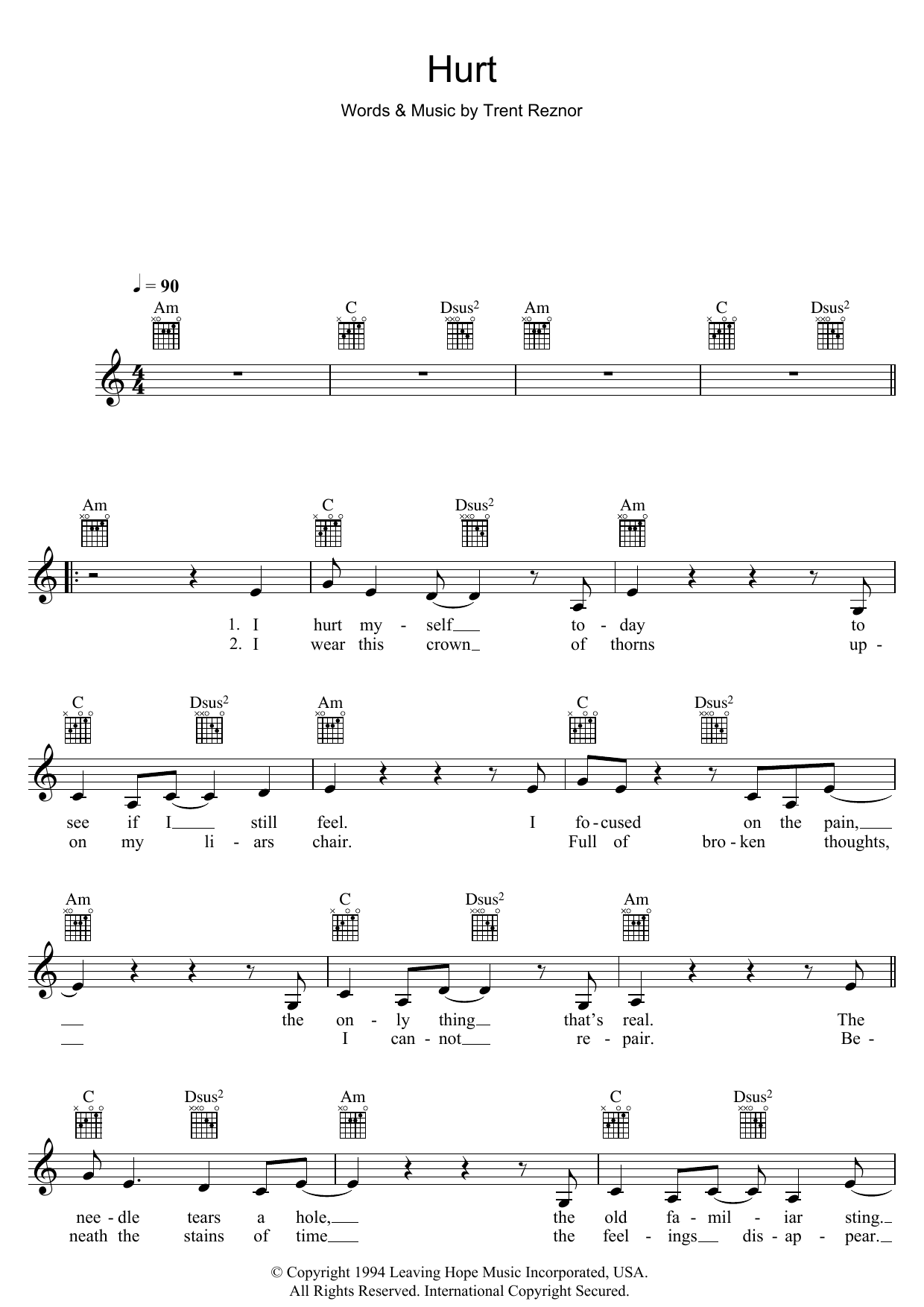 Hurt (Lead Sheet / Fake Book) von Johnny Cash