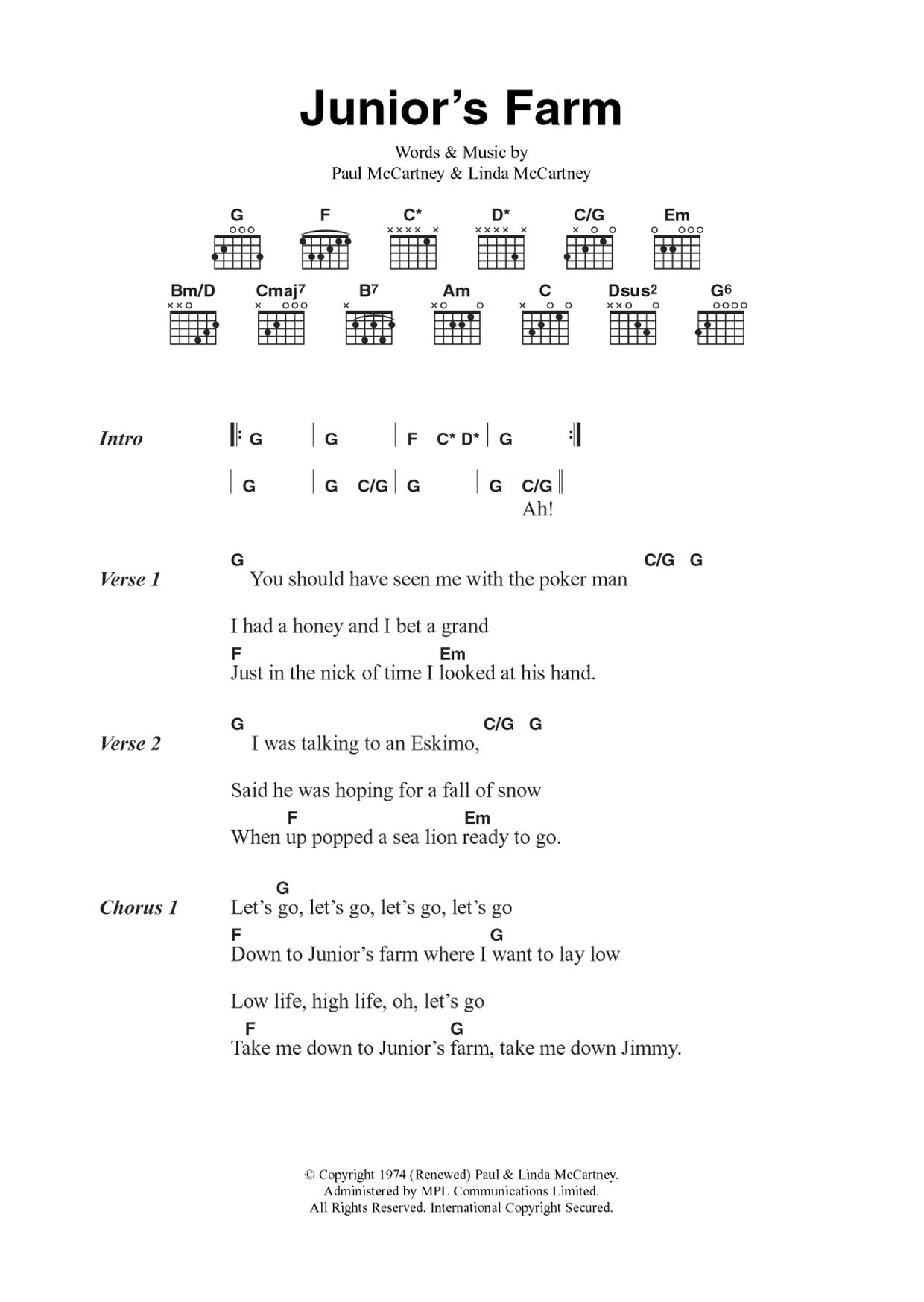 Junior's Farm (Guitar Chords/Lyrics) von Wings