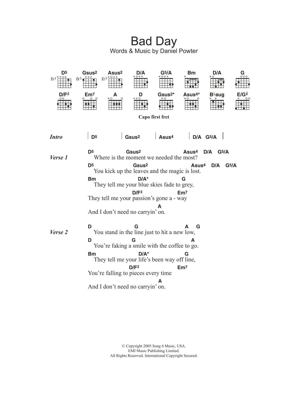 Bad Day (Guitar Chords/Lyrics) von Daniel Powter