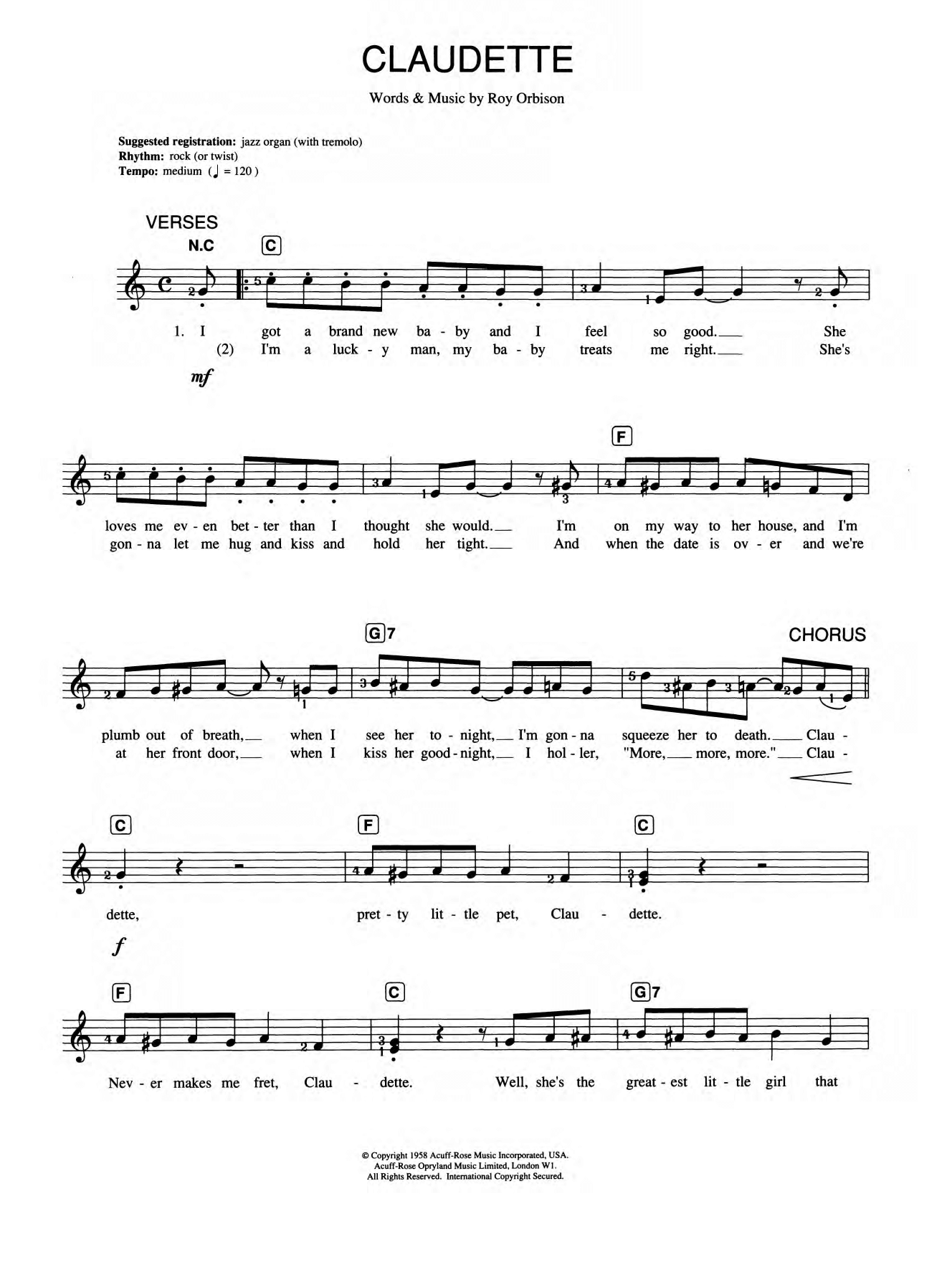 Claudette (Piano Chords/Lyrics) von Roy Orbison