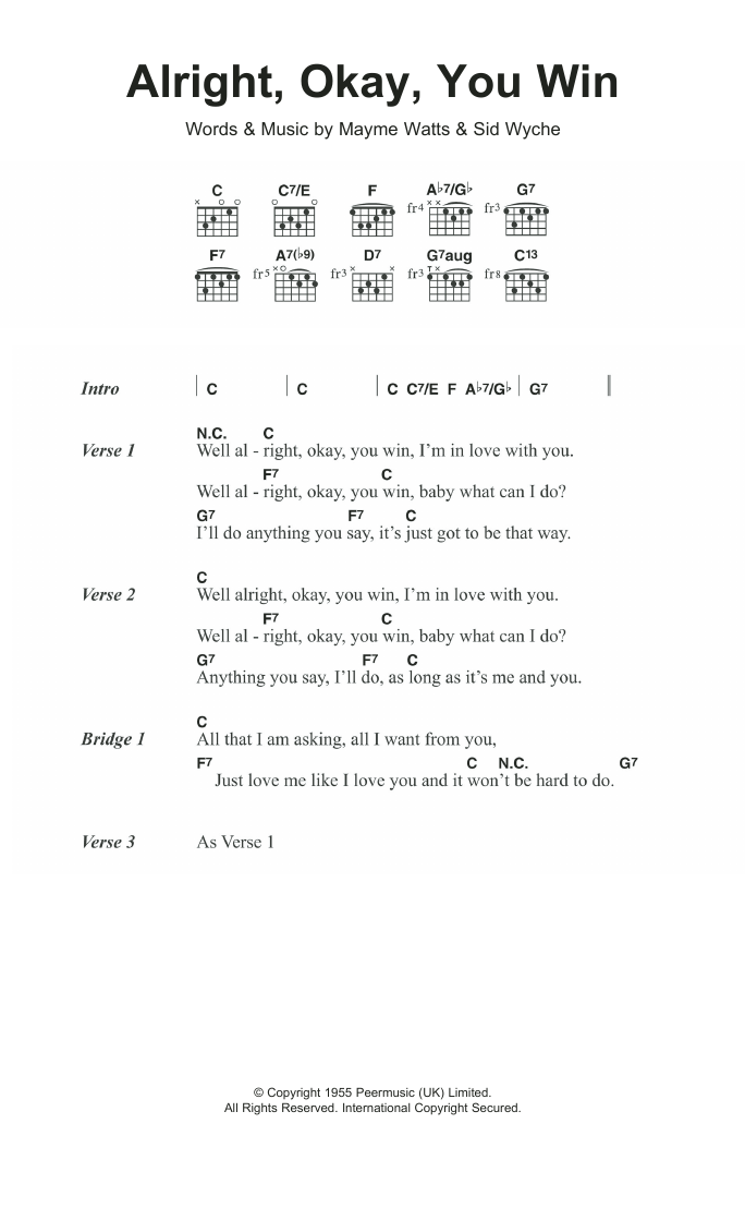 Alright, Okay, You Win (Guitar Chords/Lyrics) von Peggy Lee