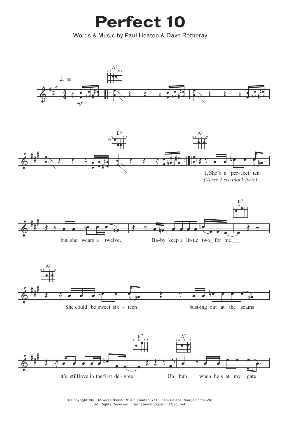 Perfect 10 (Lead Sheet / Fake Book) von The Beautiful South