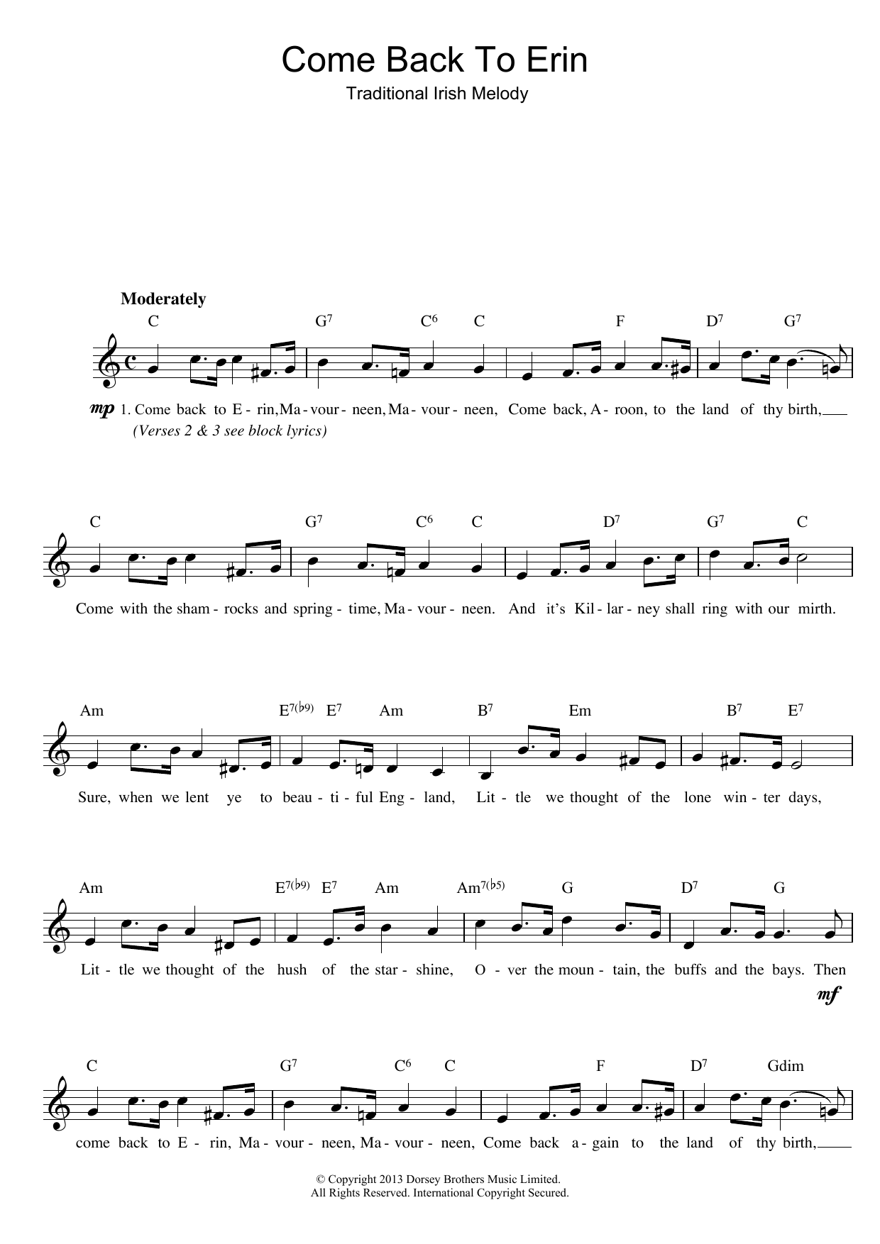 Come Back To Erin (Lead Sheet / Fake Book) von Irish Folksong