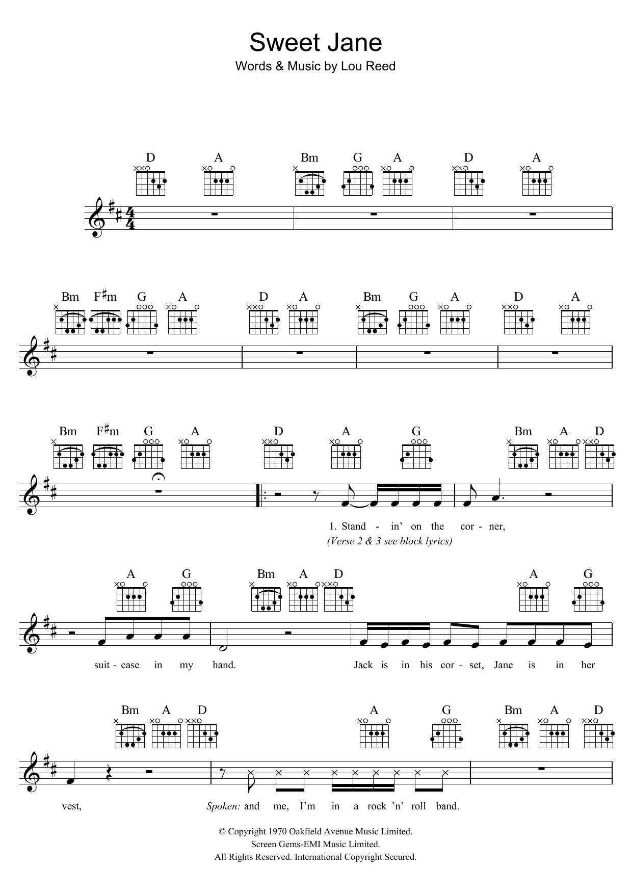 Sweet Jane (Lead Sheet / Fake Book) von The Velvet Underground