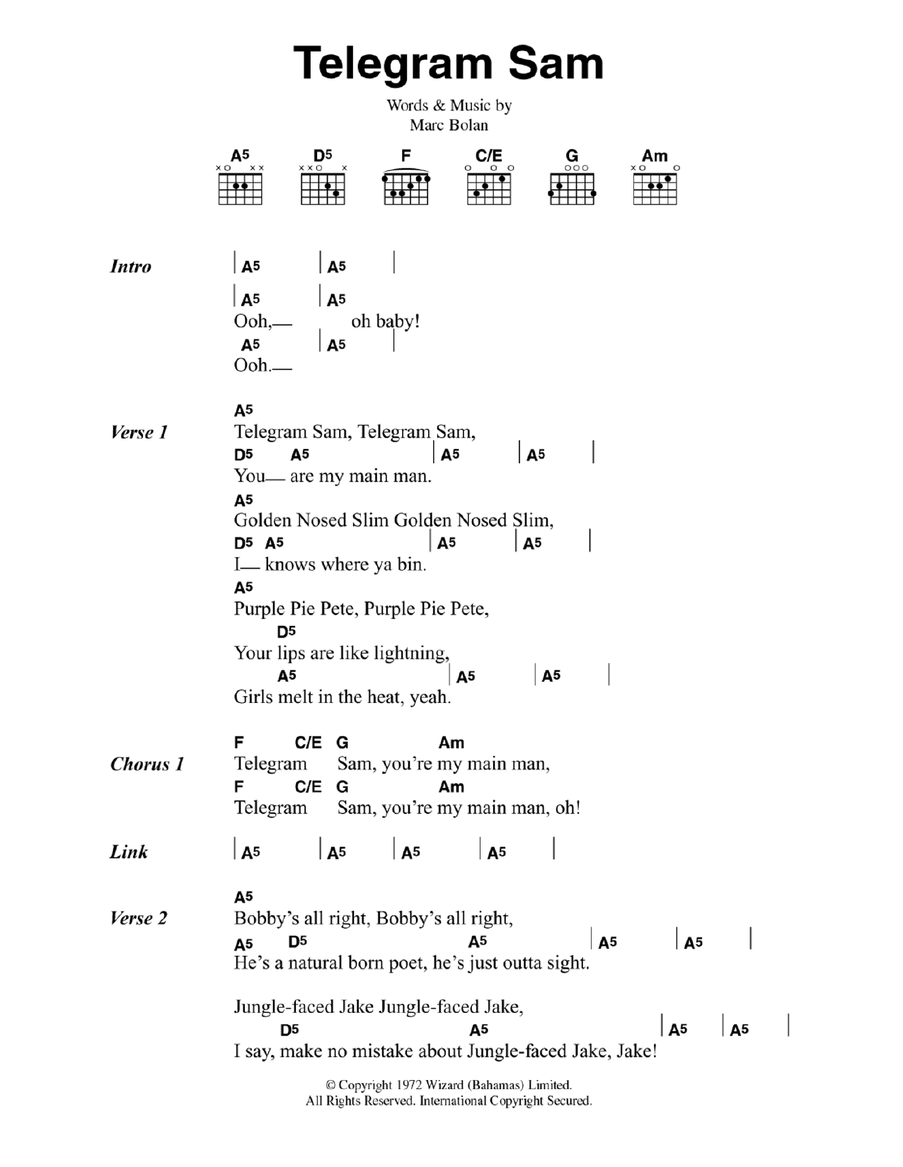 Telegram Sam (Guitar Chords/Lyrics) von T. Rex