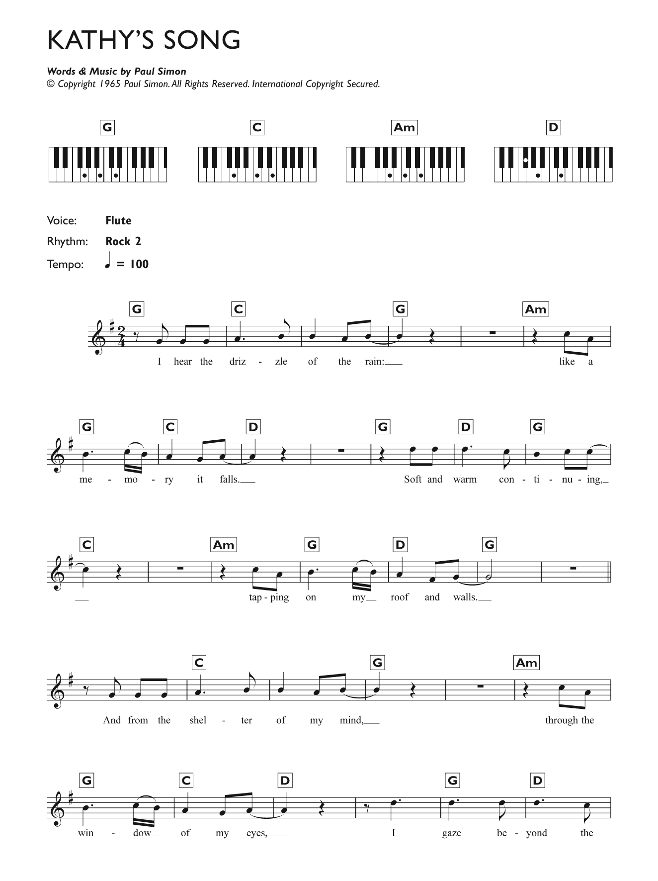 Kathy's Song (Piano Chords/Lyrics) von Simon & Garfunkel