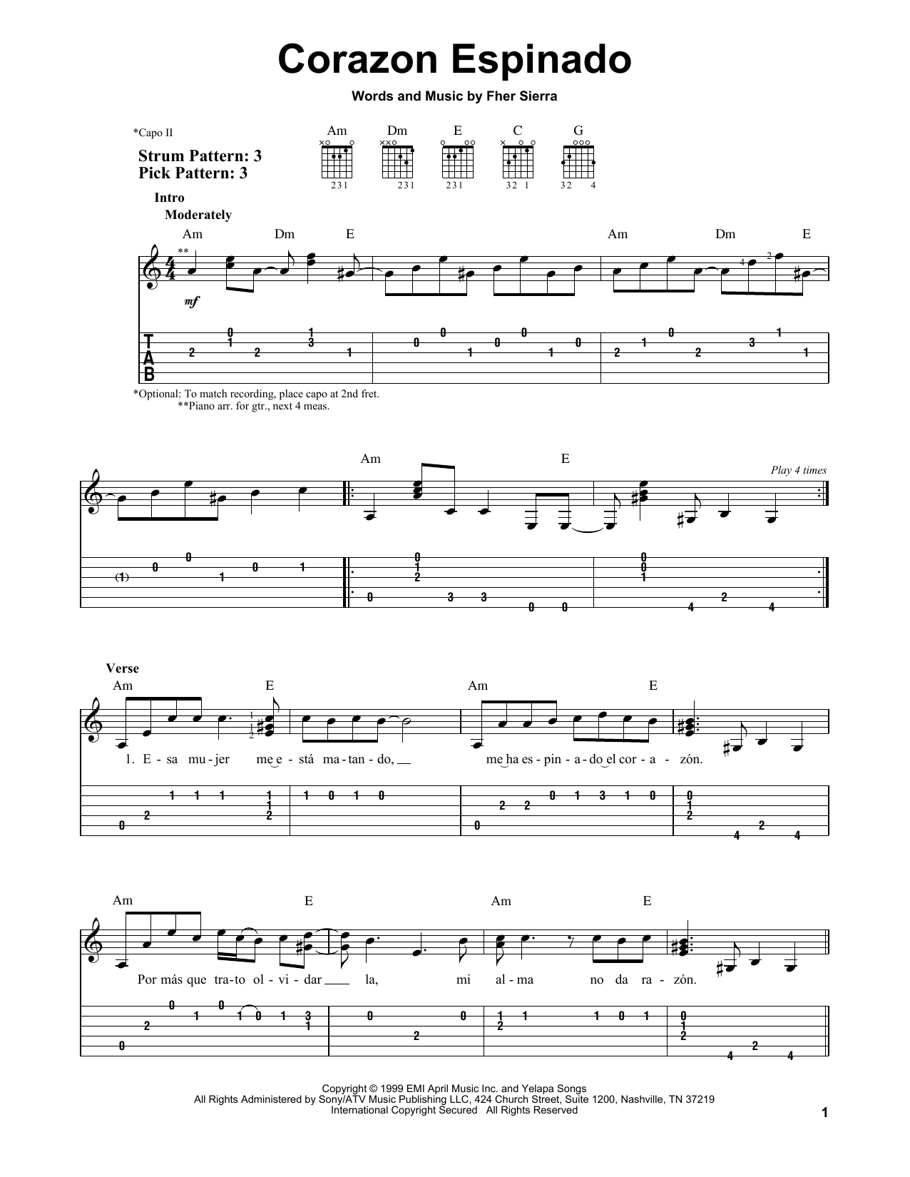 Corazon Espinado (Easy Guitar Tab) von Santana