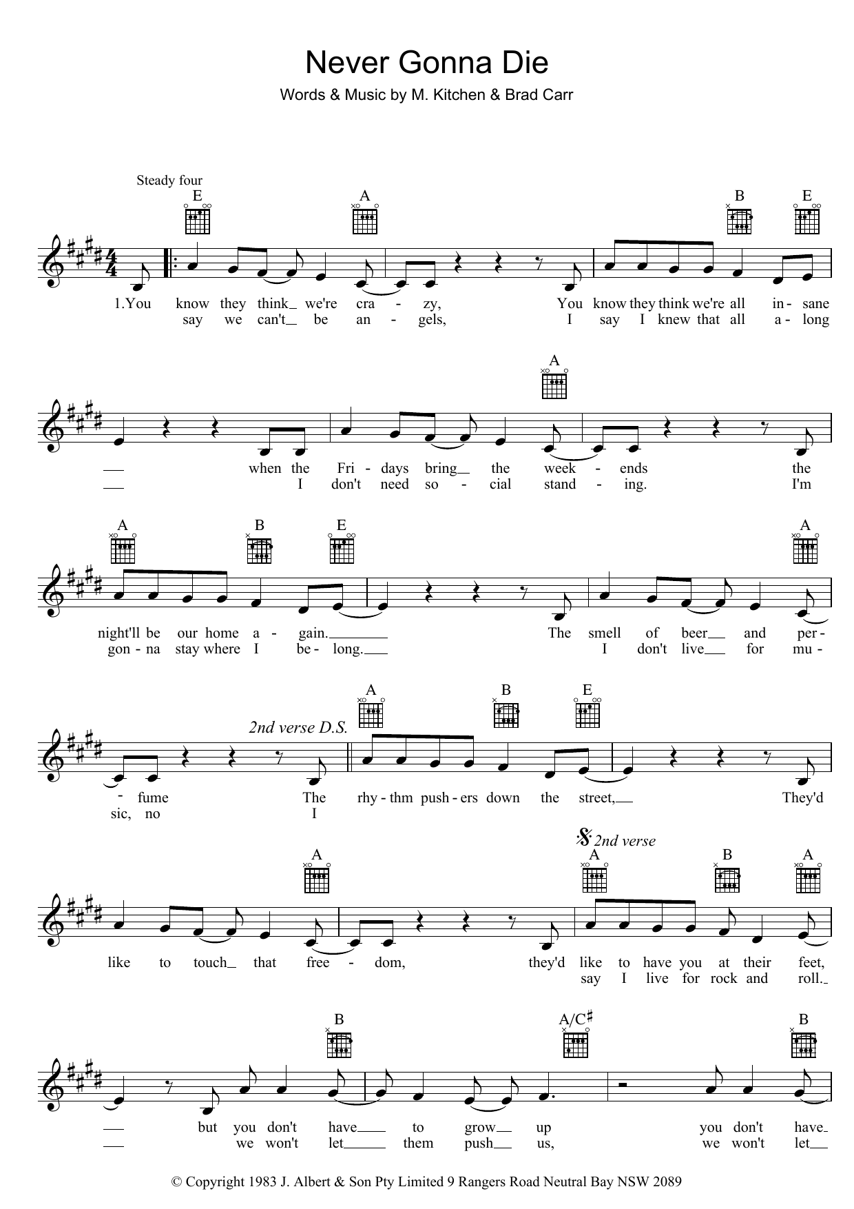 Never Gonna Die (Lead Sheet / Fake Book) von The Choirboys