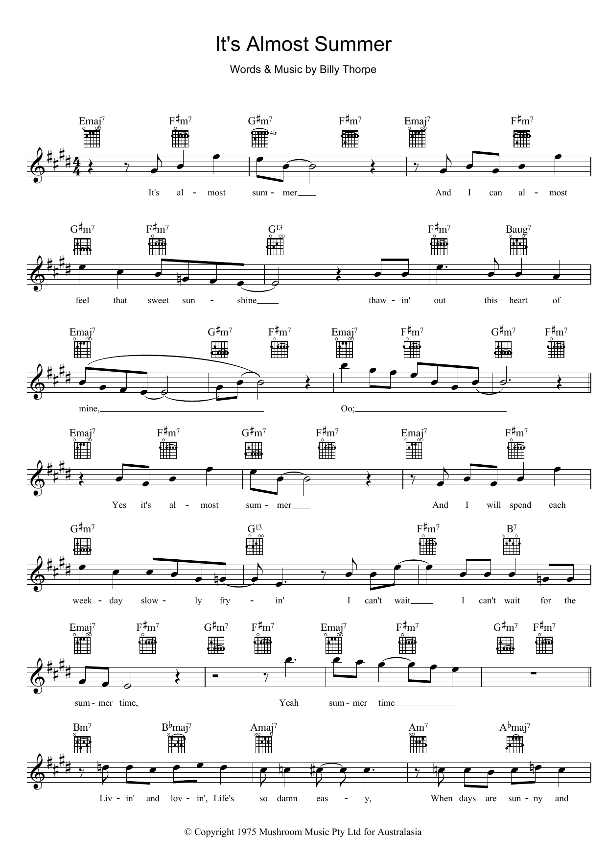 It's Almost Summer (Lead Sheet / Fake Book) von Billy Thorpe