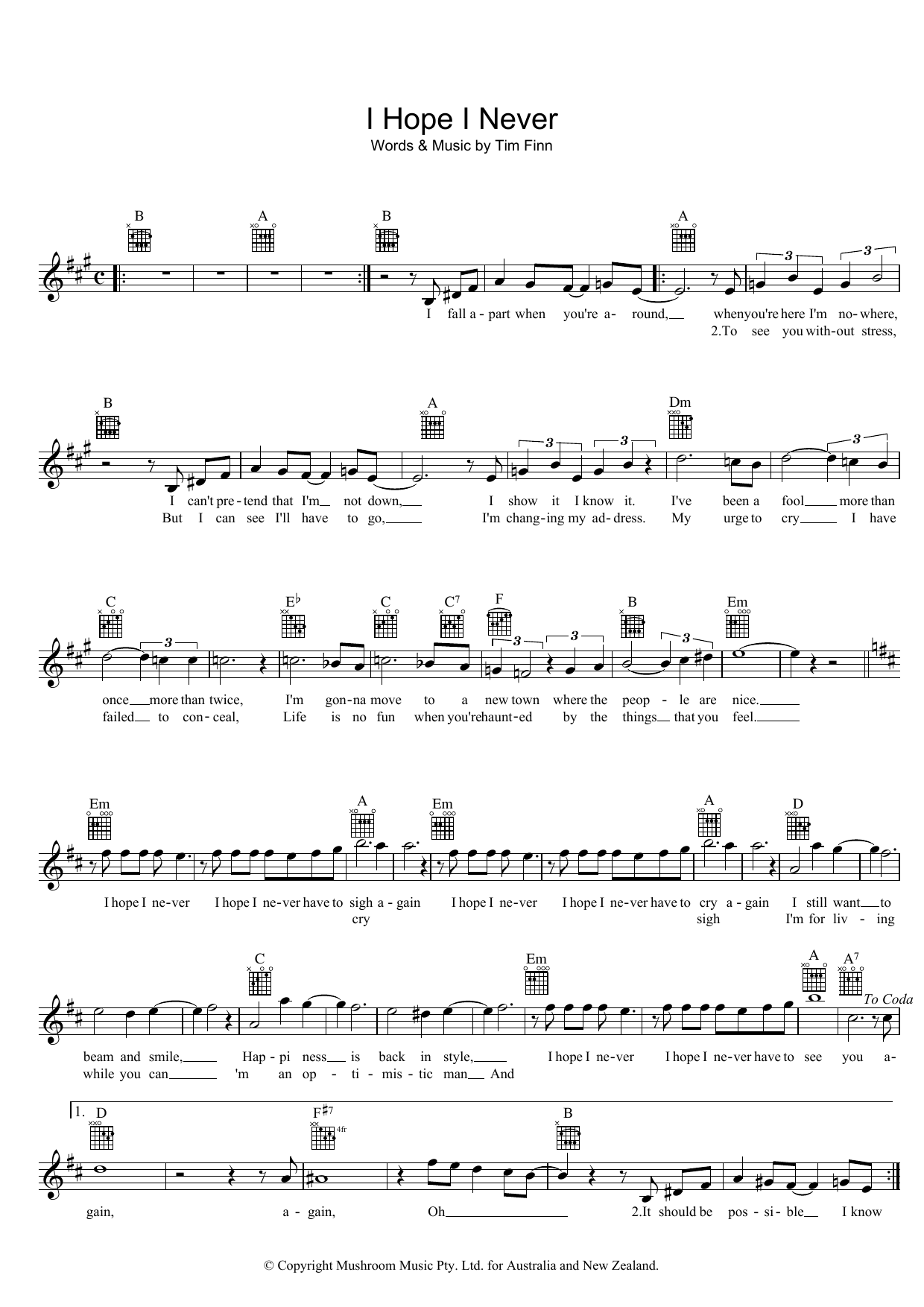 I Hope I Never (Lead Sheet / Fake Book) von Split Enz