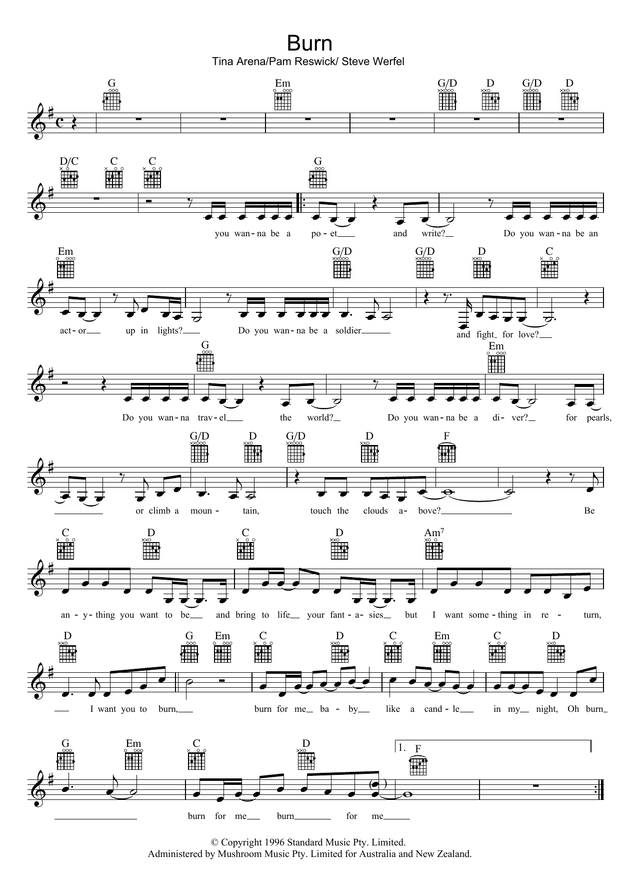 Burn (Lead Sheet / Fake Book) von Tina Arena