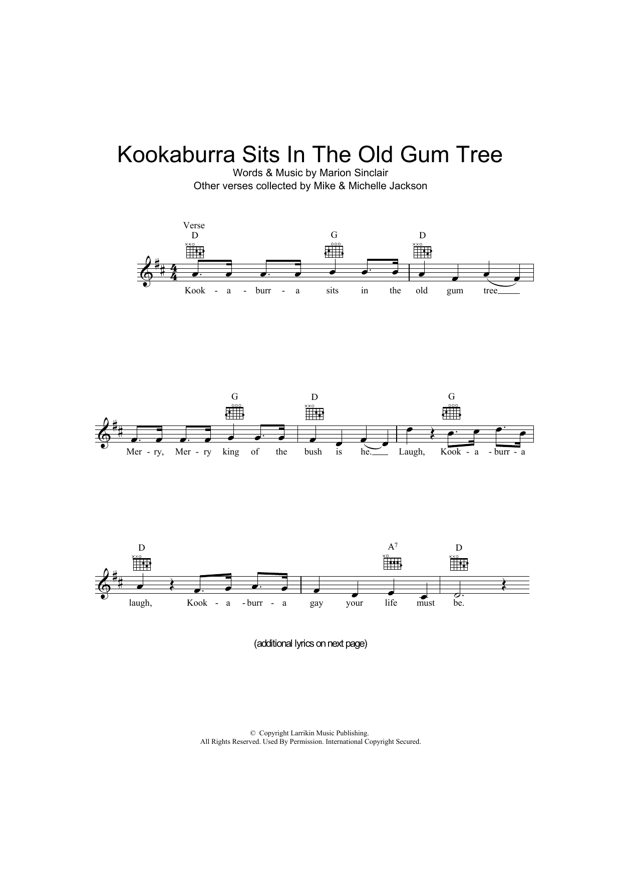 Kookaburra Sits In The Old Gum Tree (Lead Sheet / Fake Book) von Marion Sinclair