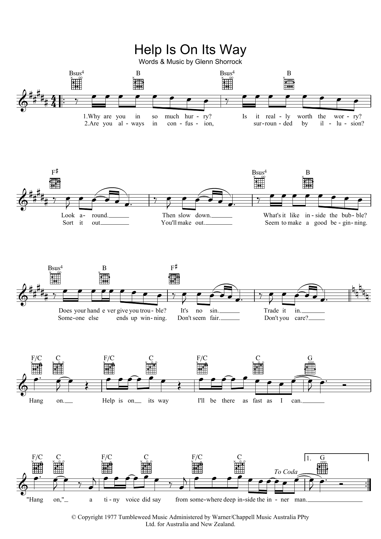 Help Is On Its Way (Lead Sheet / Fake Book) von The Little River Band