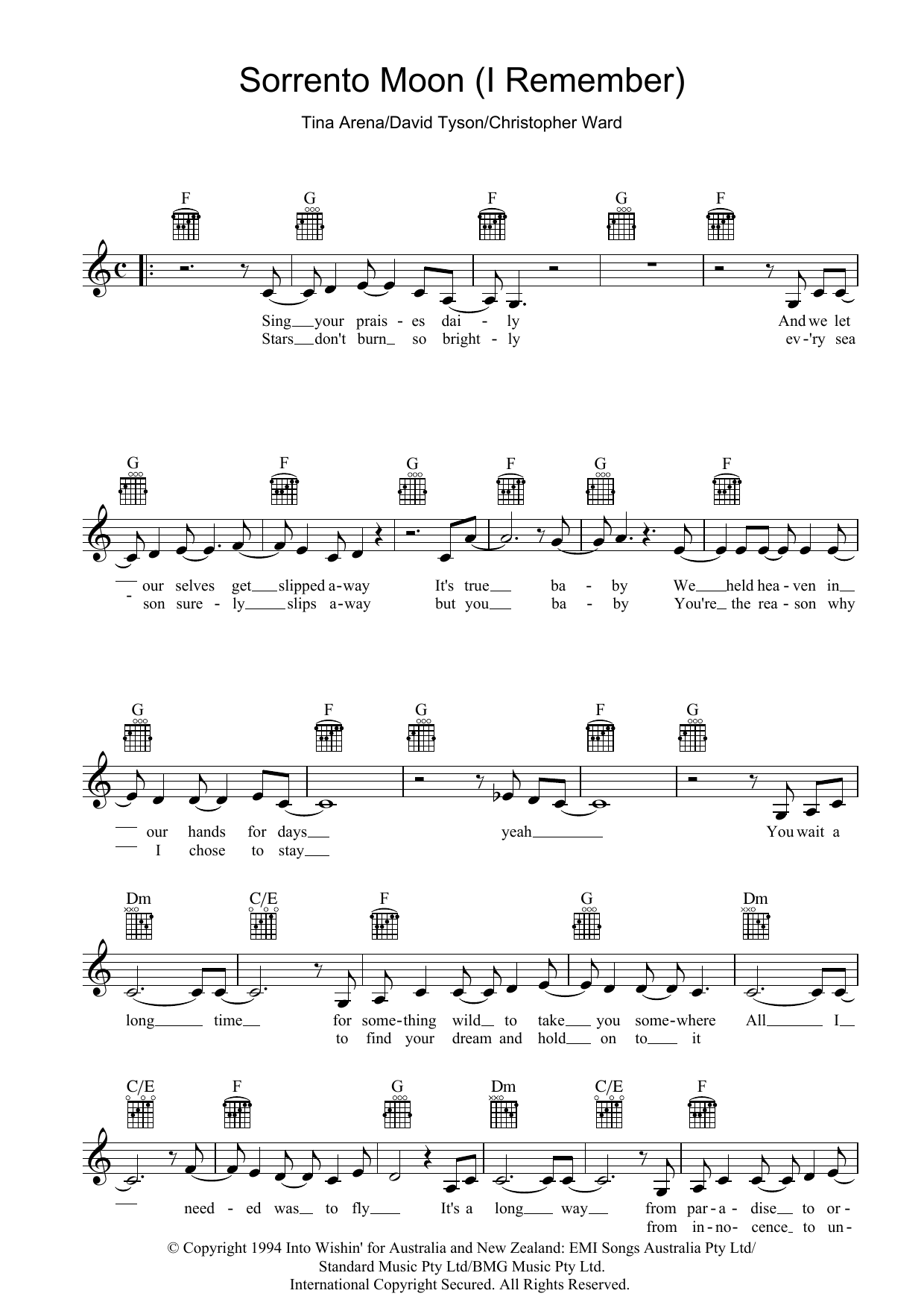 Sorrento Moon (I Remember) (Lead Sheet / Fake Book) von Tina Arena