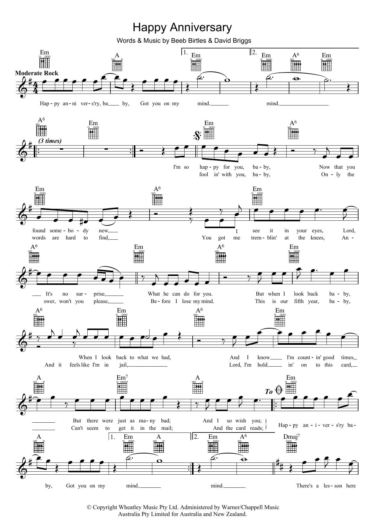Happy Anniversary (Lead Sheet / Fake Book) von The Little River Band