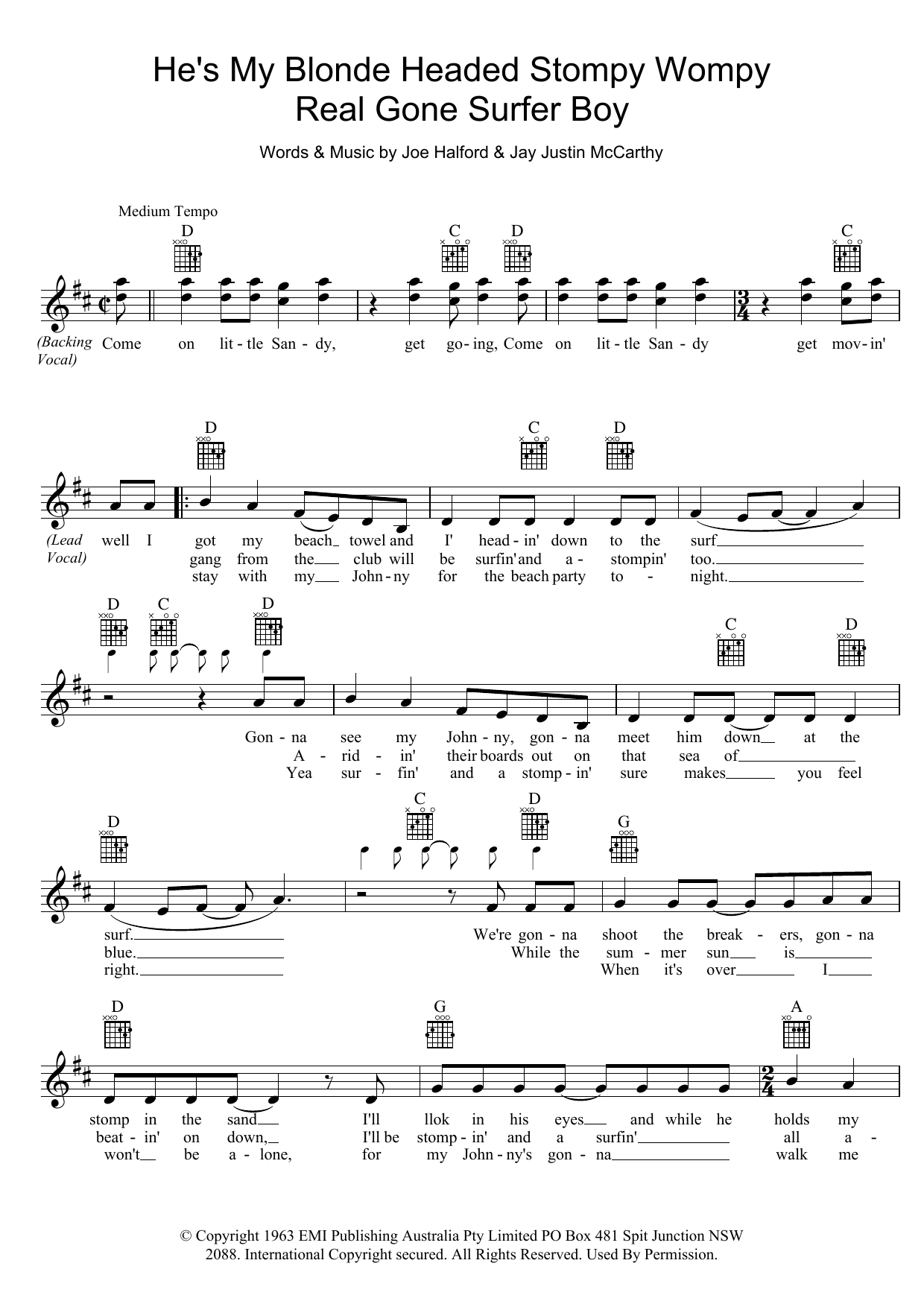 He's My Blonde Headed Stompy Wompy Real Gone Surfer Boy (Lead Sheet / Fake Book) von Little Pattie