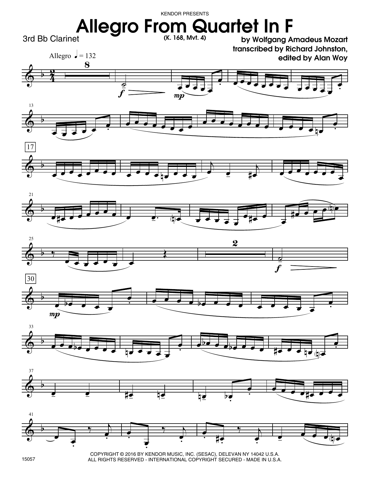 Allegro From Quartet In F (K. 168, Mvt. 4) - 3rd Bb Clarinet (Woodwind Ensemble) von Alan Woy