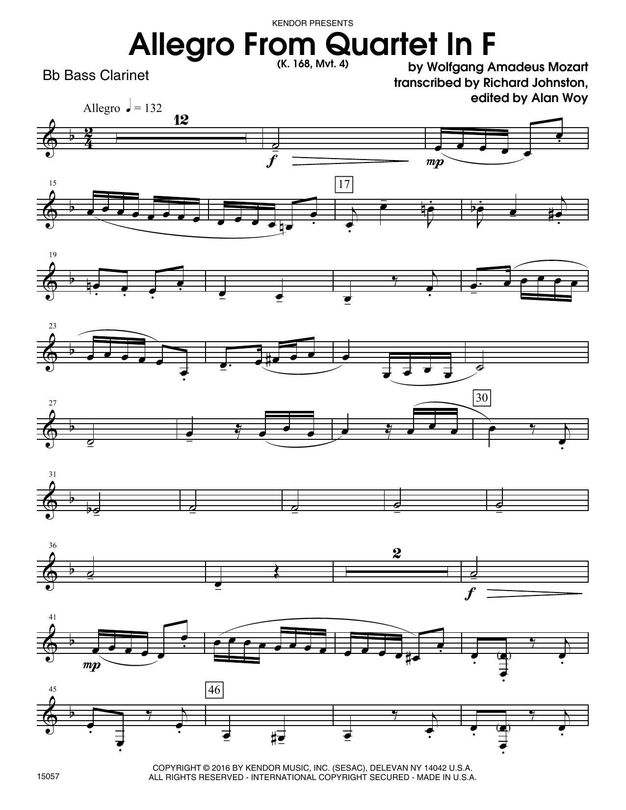 Allegro From Quartet In F (K. 168, Mvt. 4) - Bb Bass Clarinet (Woodwind Ensemble) von Alan Woy