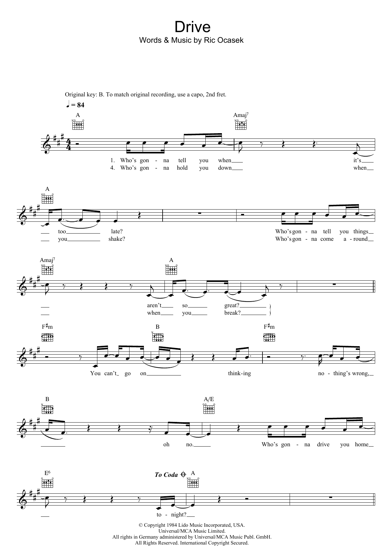 Drive (Lead Sheet / Fake Book) von The Cars