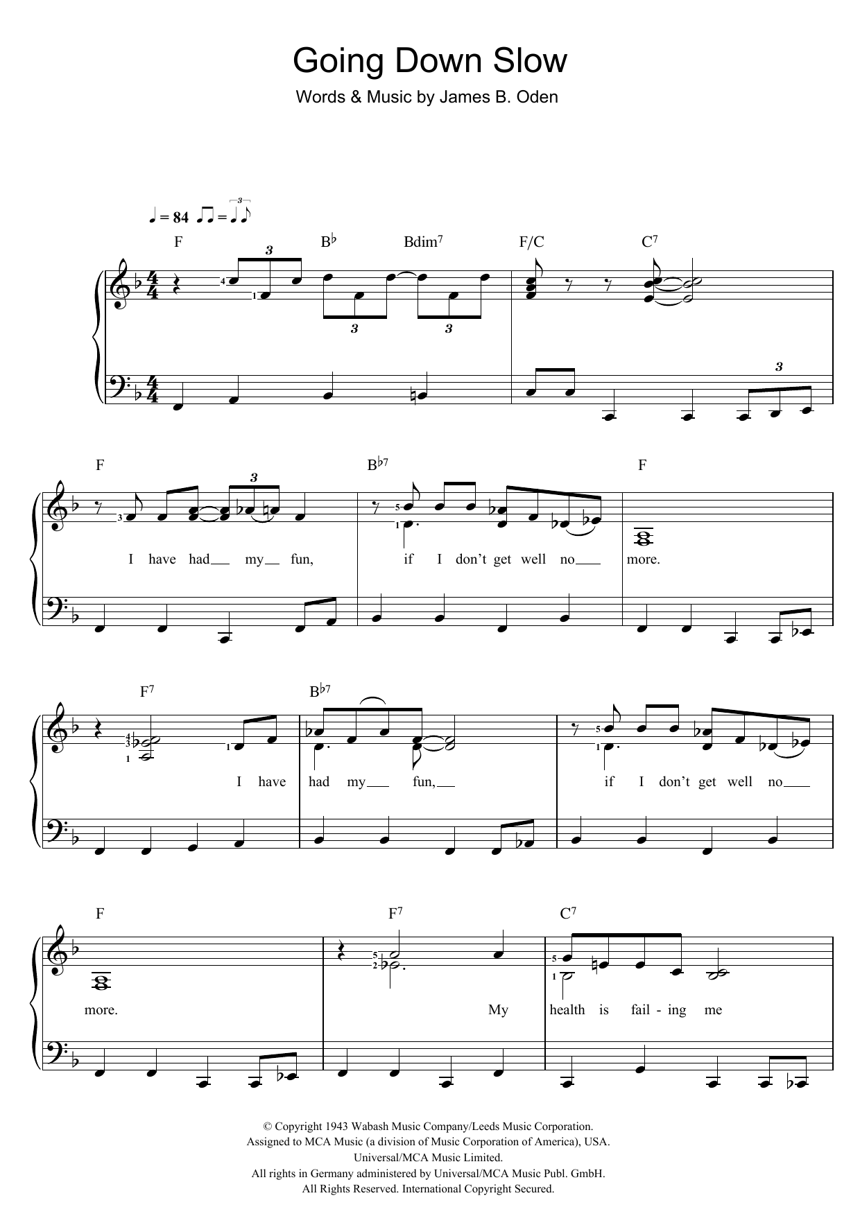 Going Down Slow (Piano & Vocal) von James B. Oden