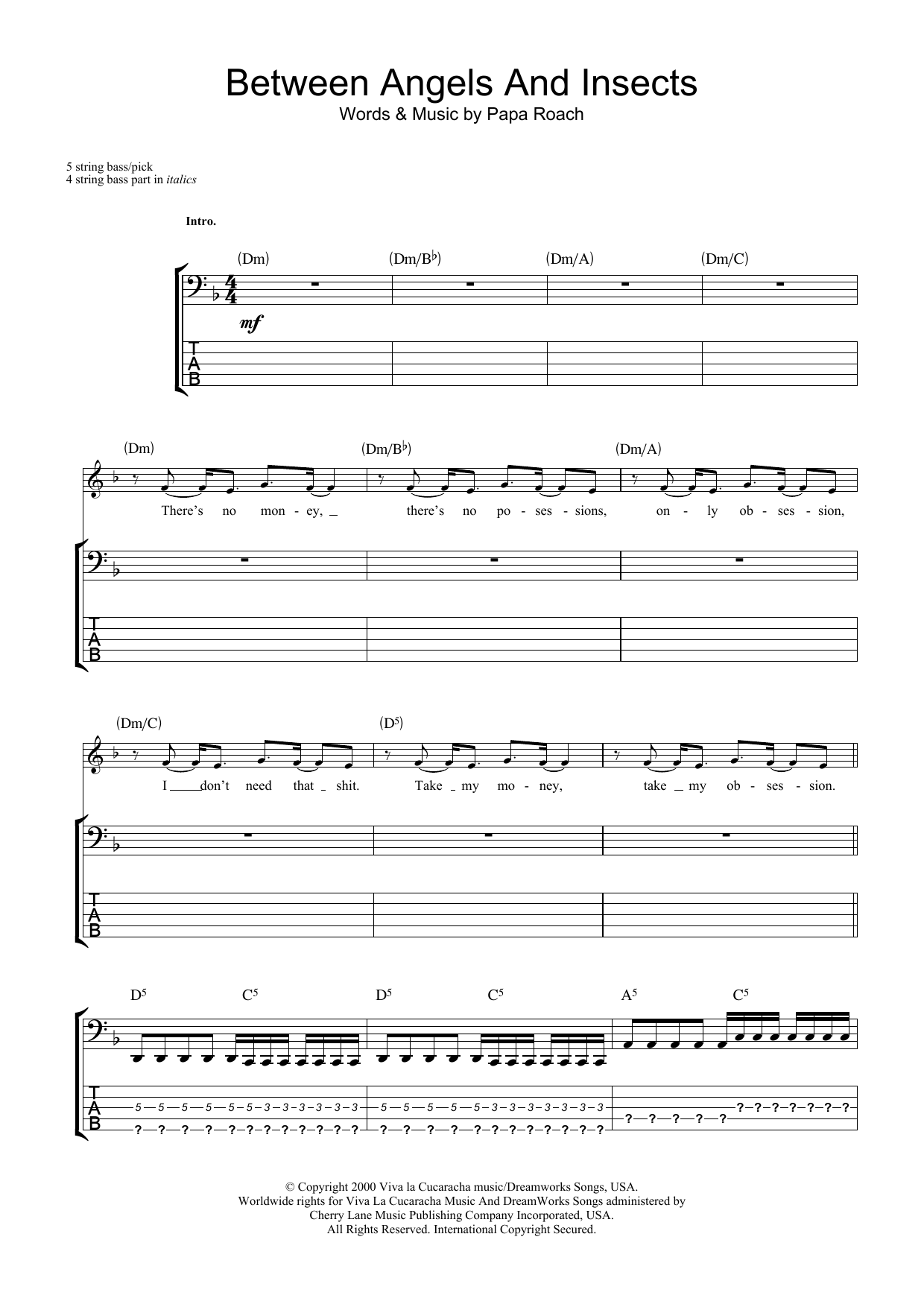 Between Angels And Insects (Bass Guitar Tab) von Papa Roach