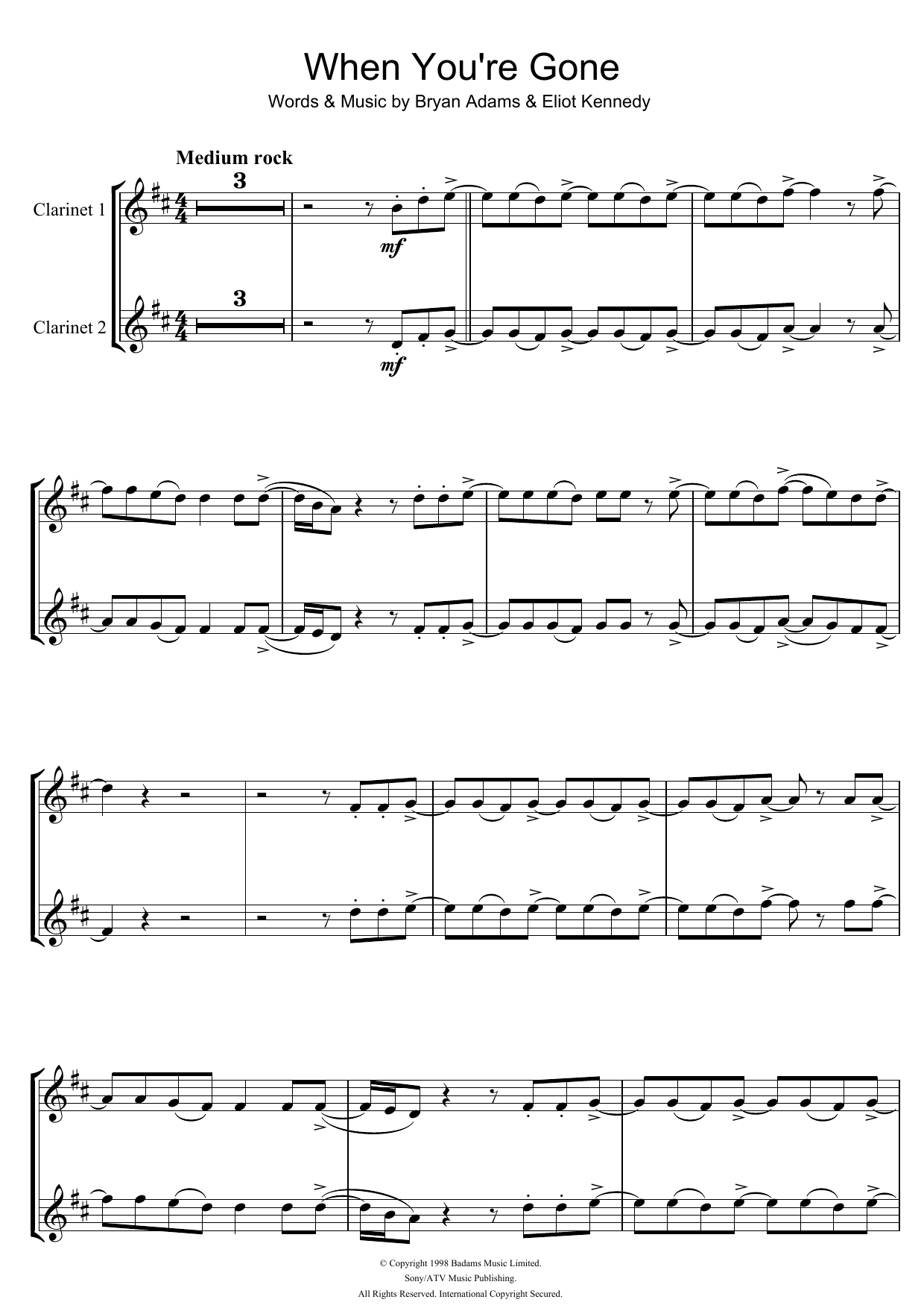 When You're Gone (Clarinet Duet) von Bryan Adams