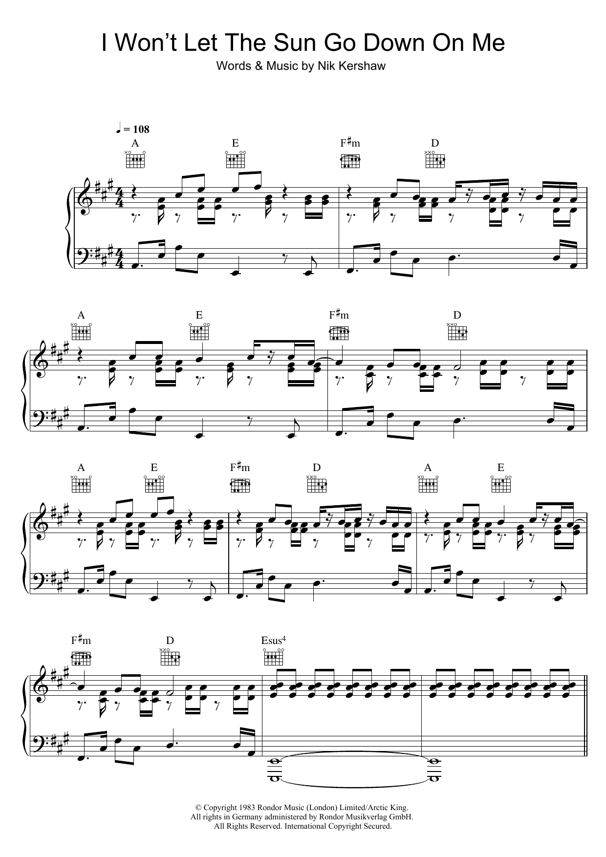 I Won't Let The Sun Go Down On Me (Piano, Vocal & Guitar Chords) von Nik Kershaw